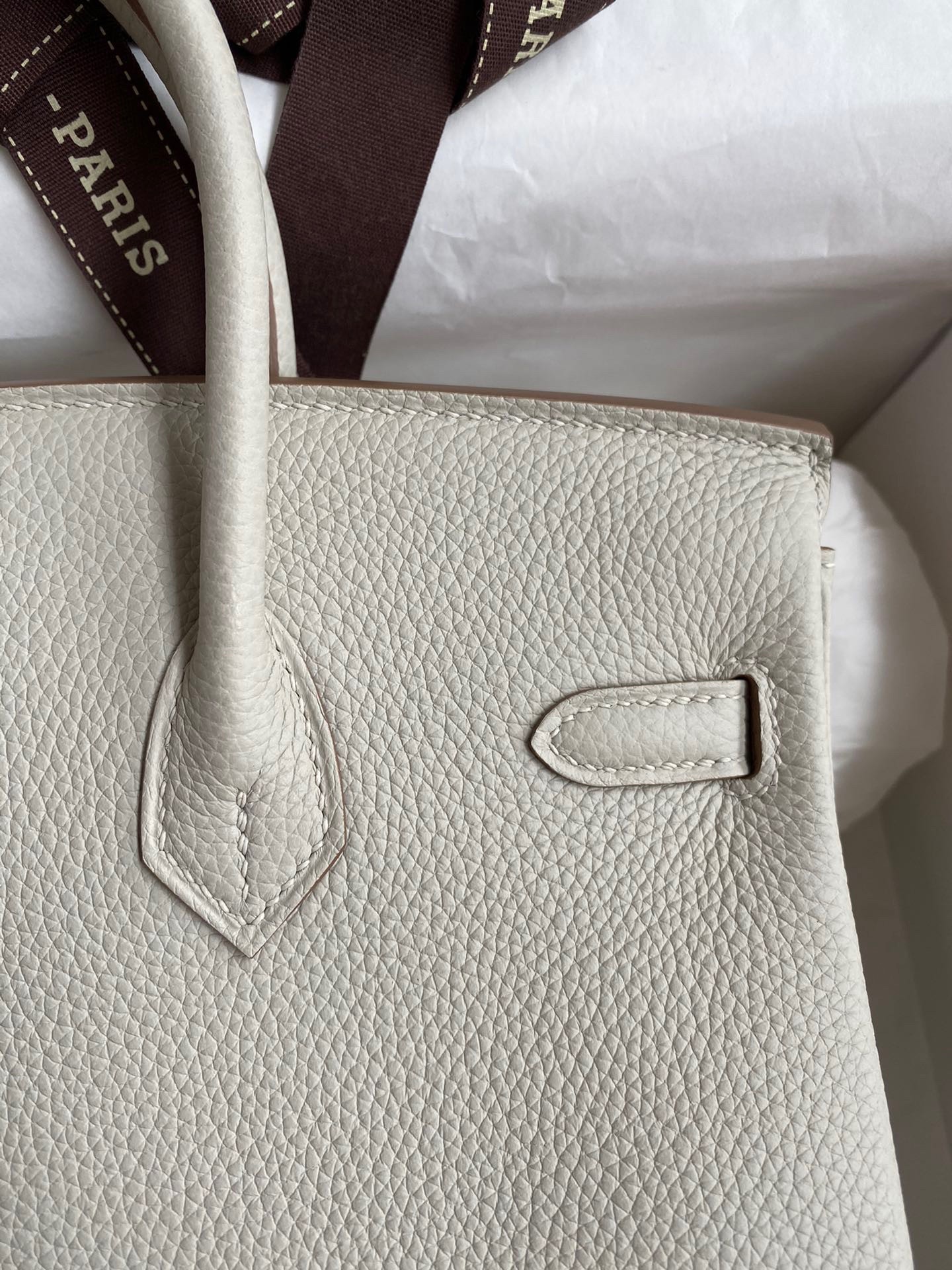 H**mes birkin 25 retourne handmade bag in pearl grey clemence leather