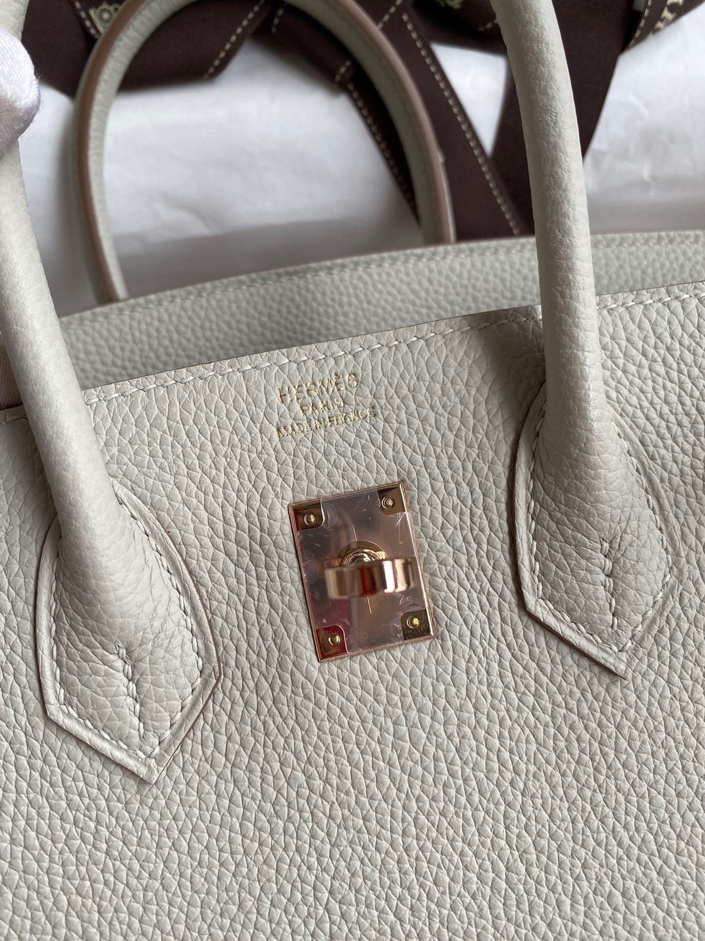 H**mes birkin 25 retourne handmade bag in pearl grey clemence leather