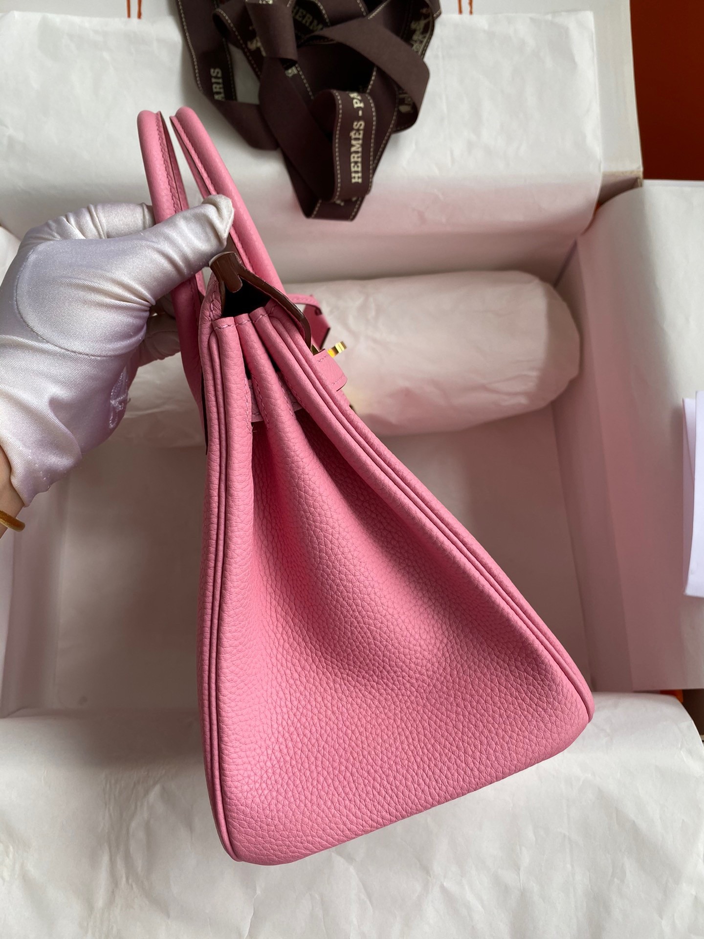 H**mes birkin 25 retourne handmade bag in pink clemence leather