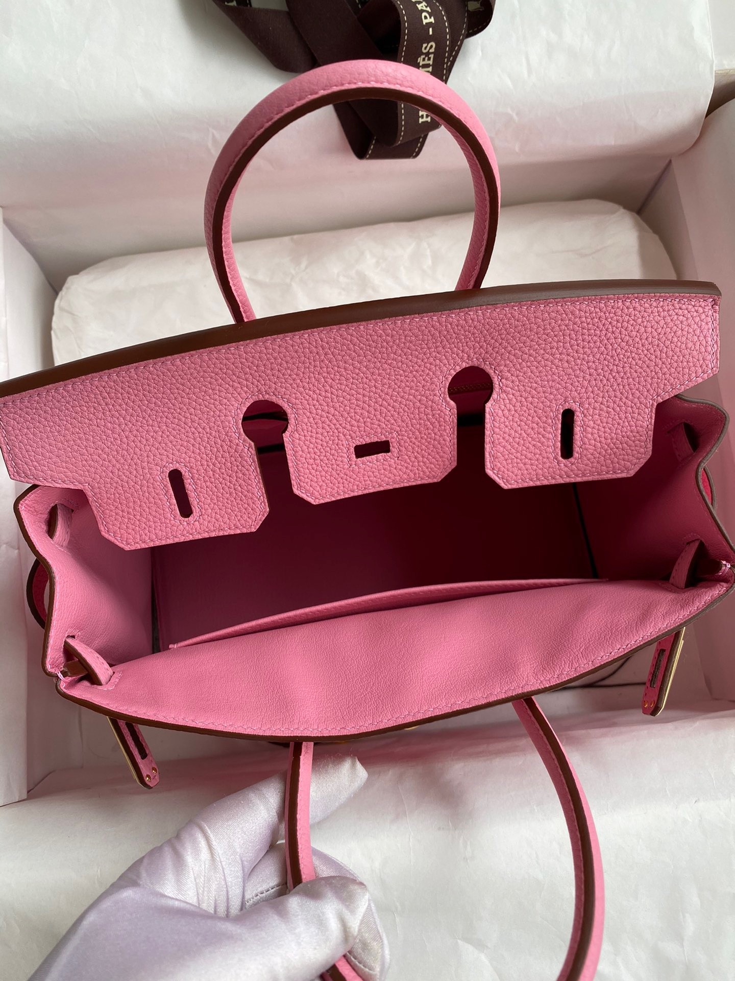 H**mes birkin 25 retourne handmade bag in pink clemence leather