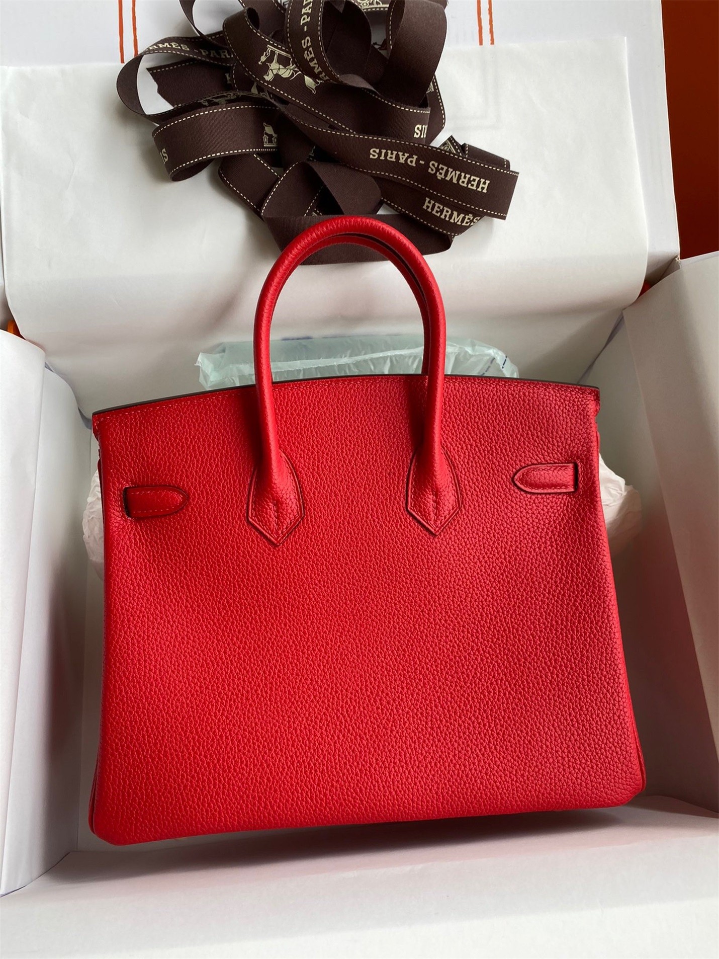 H**mes birkin 25 retourne handmade bag in red clemence leather
