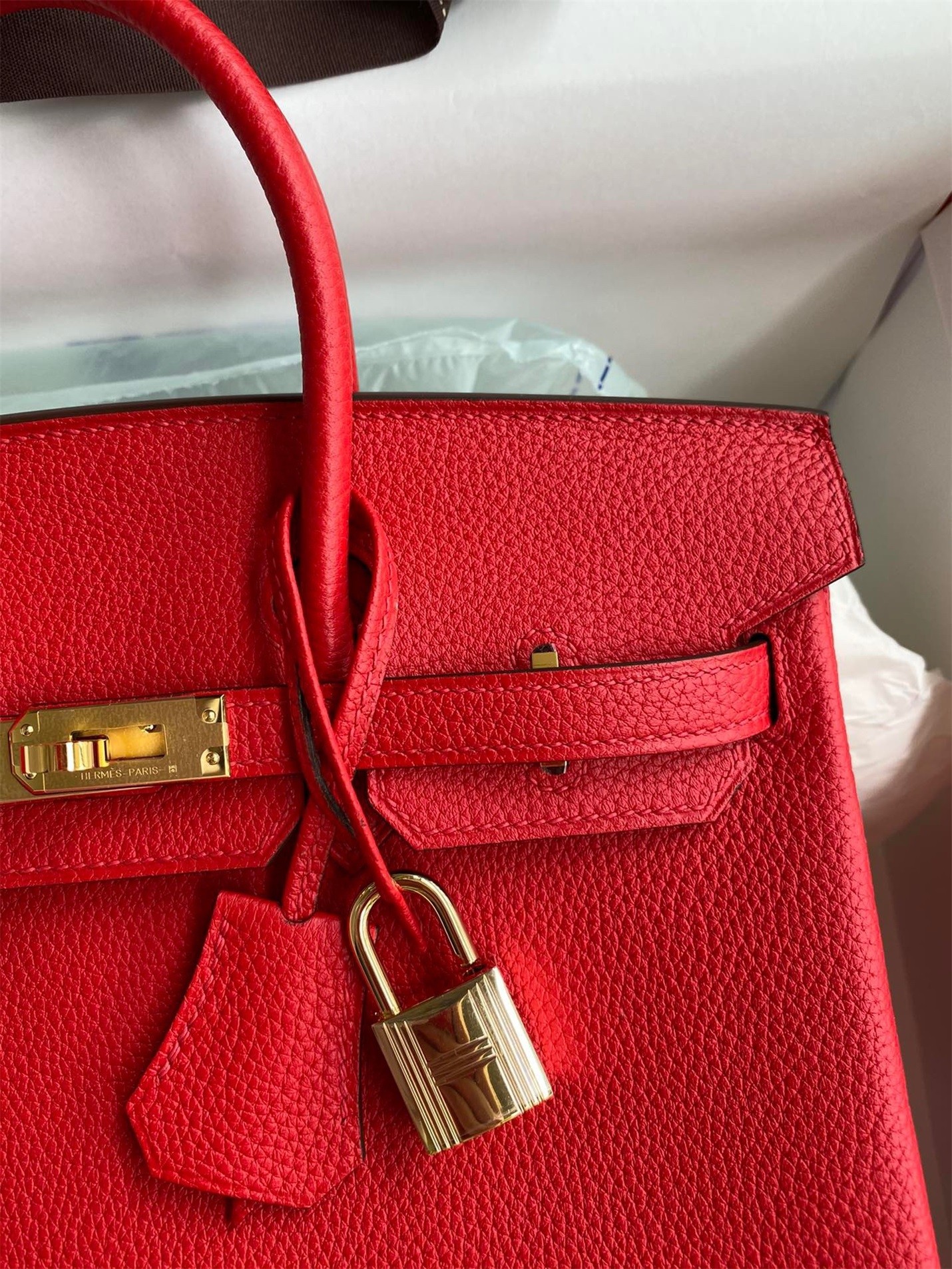 H**mes birkin 25 retourne handmade bag in red clemence leather