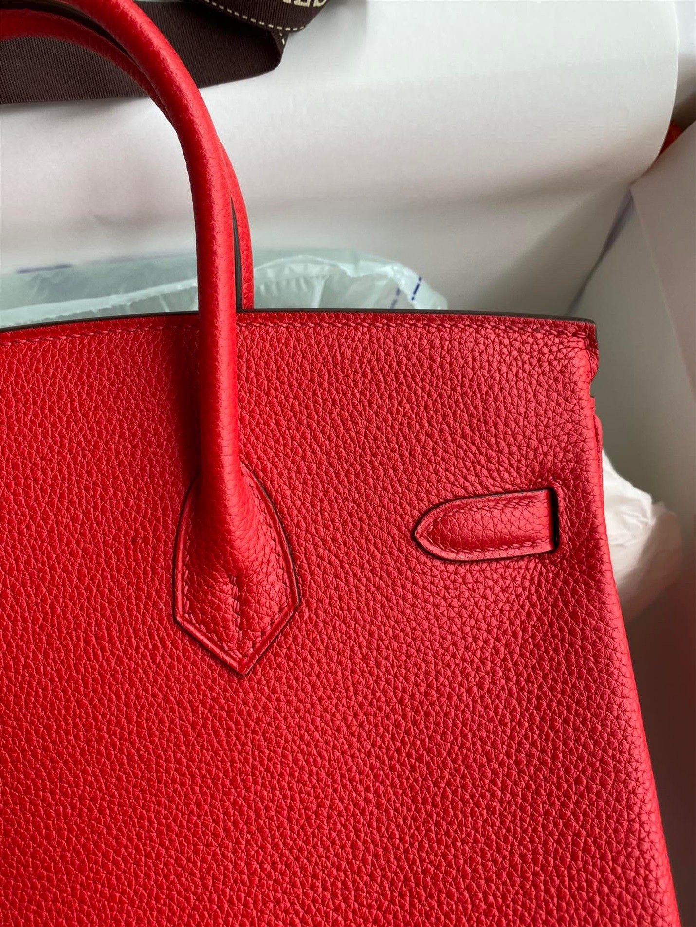 H**mes birkin 25 retourne handmade bag in red clemence leather