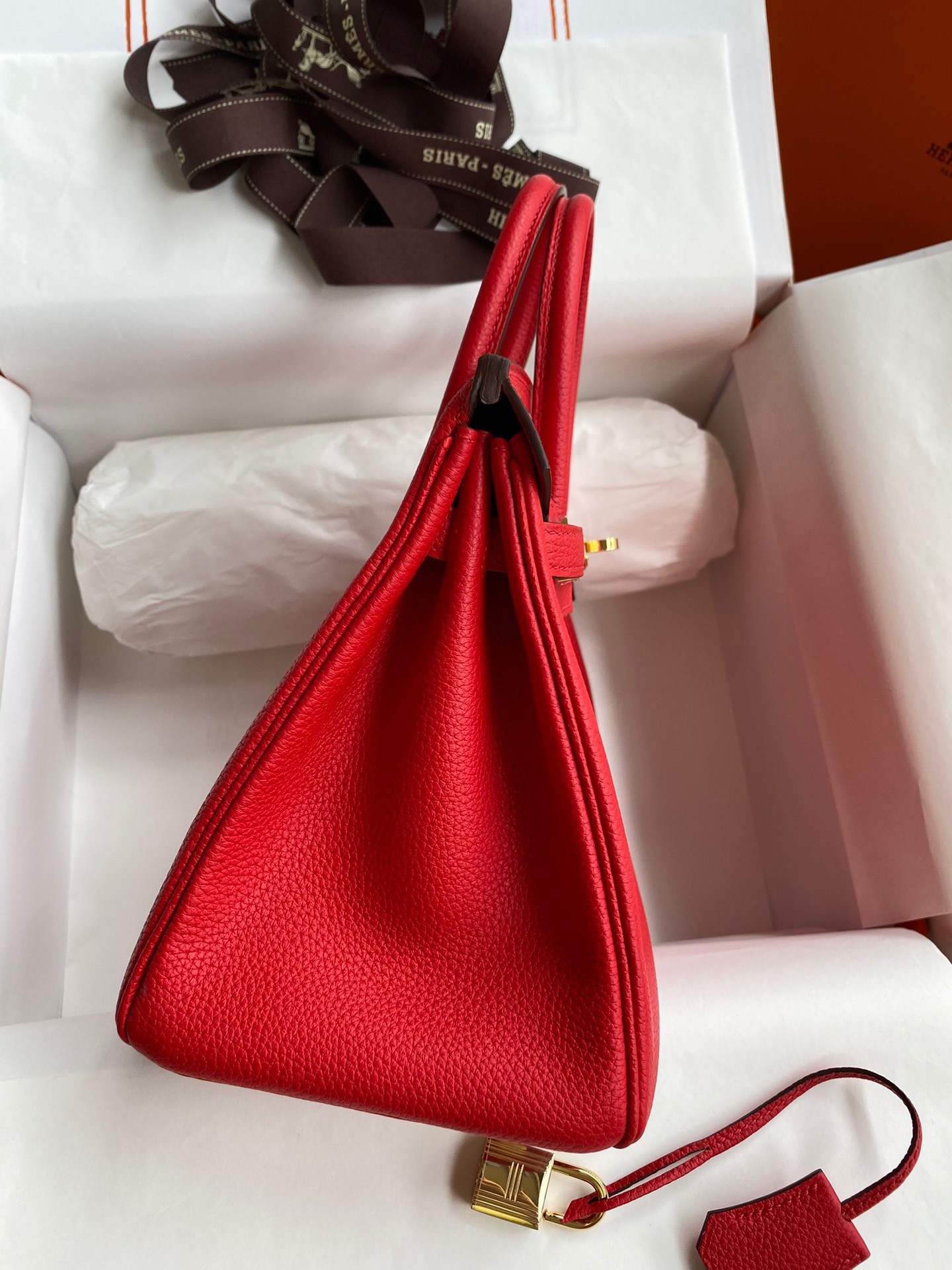 H**mes birkin 25 retourne handmade bag in red clemence leather