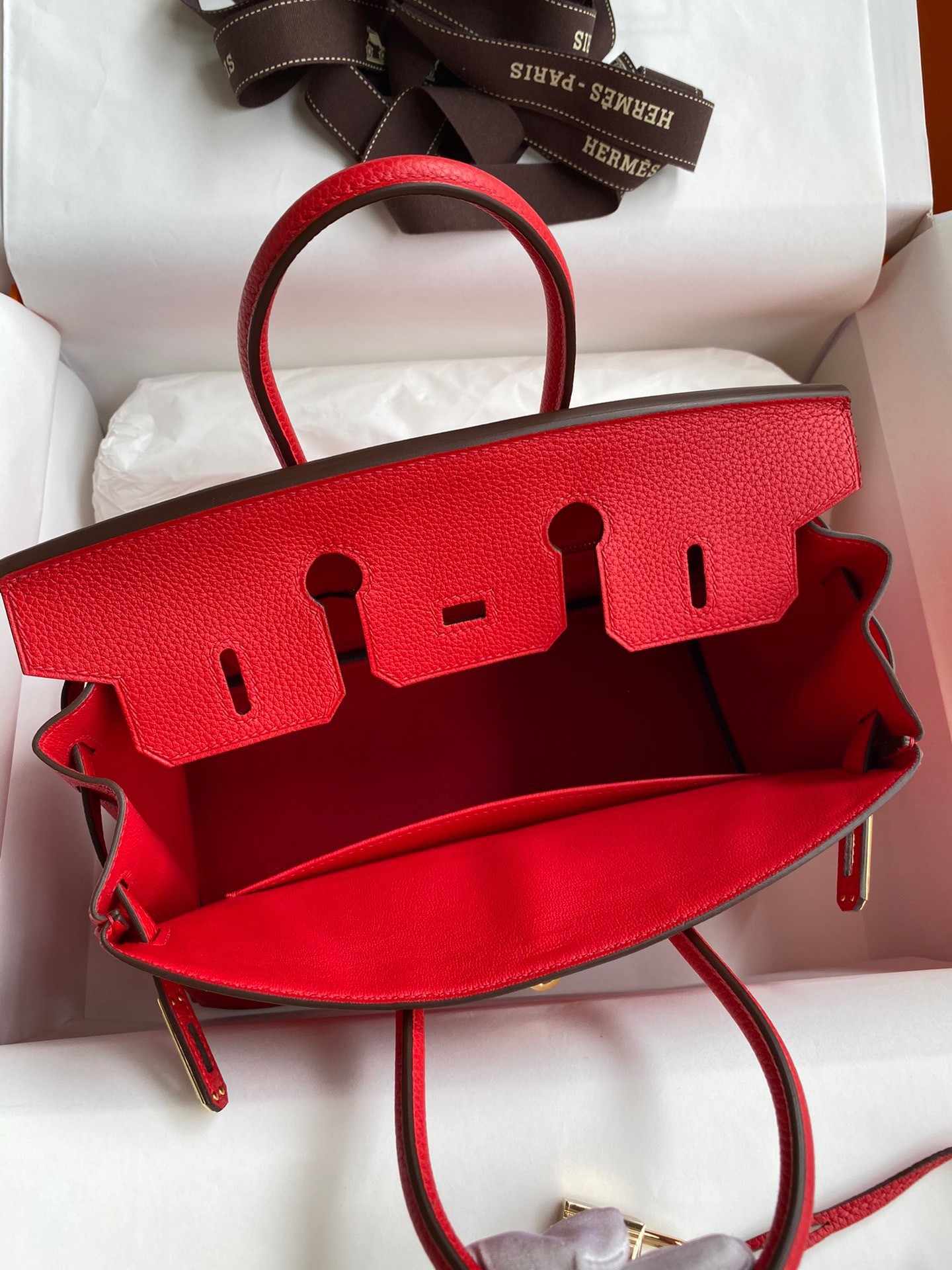 H**mes birkin 25 retourne handmade bag in red clemence leather