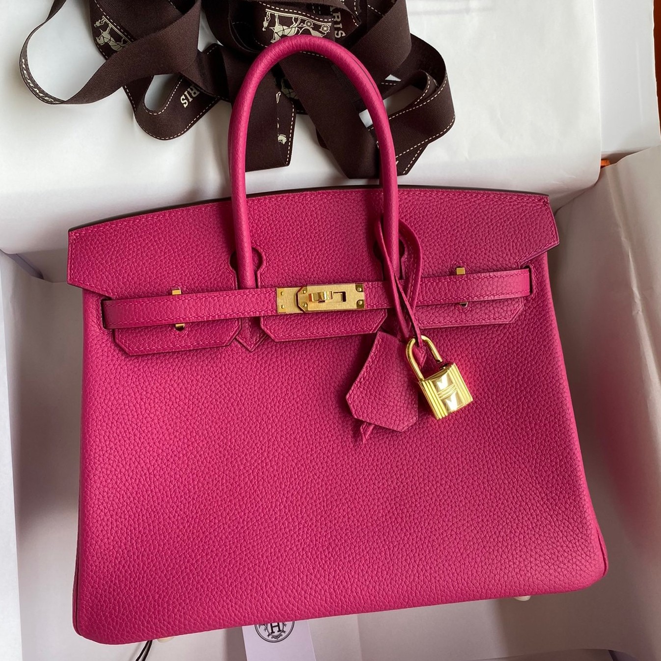 H**mes birkin 25 retourne handmade bag in rose tyrien clemence leather