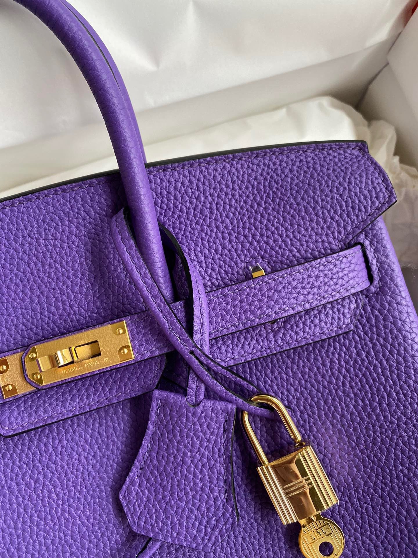H**mes birkin 25 retourne handmade bag in violet clemence leather