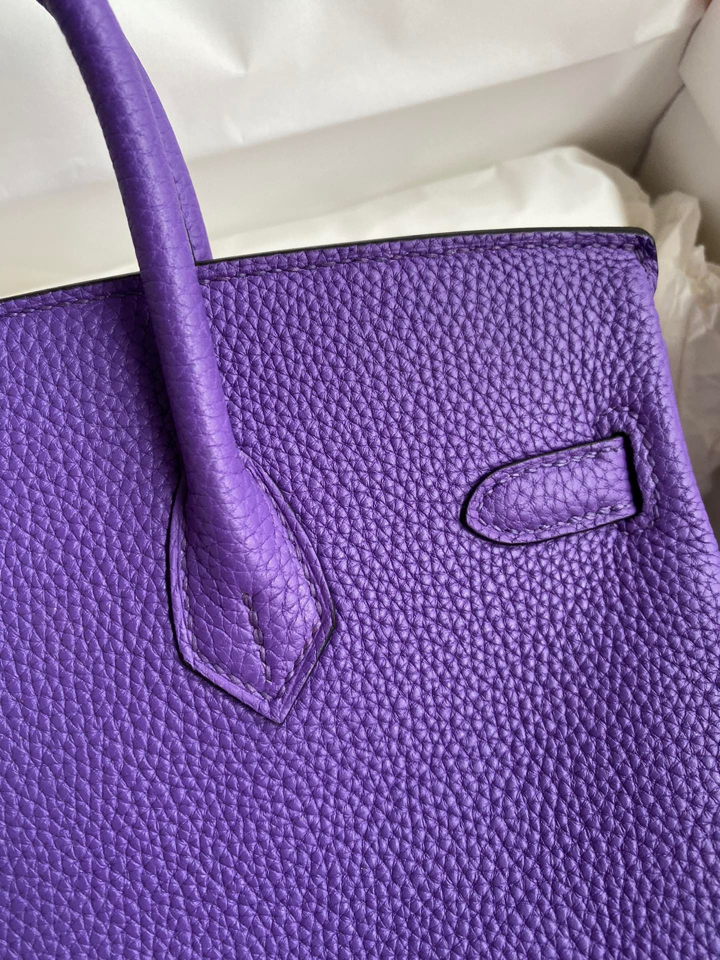 H**mes birkin 25 retourne handmade bag in violet clemence leather
