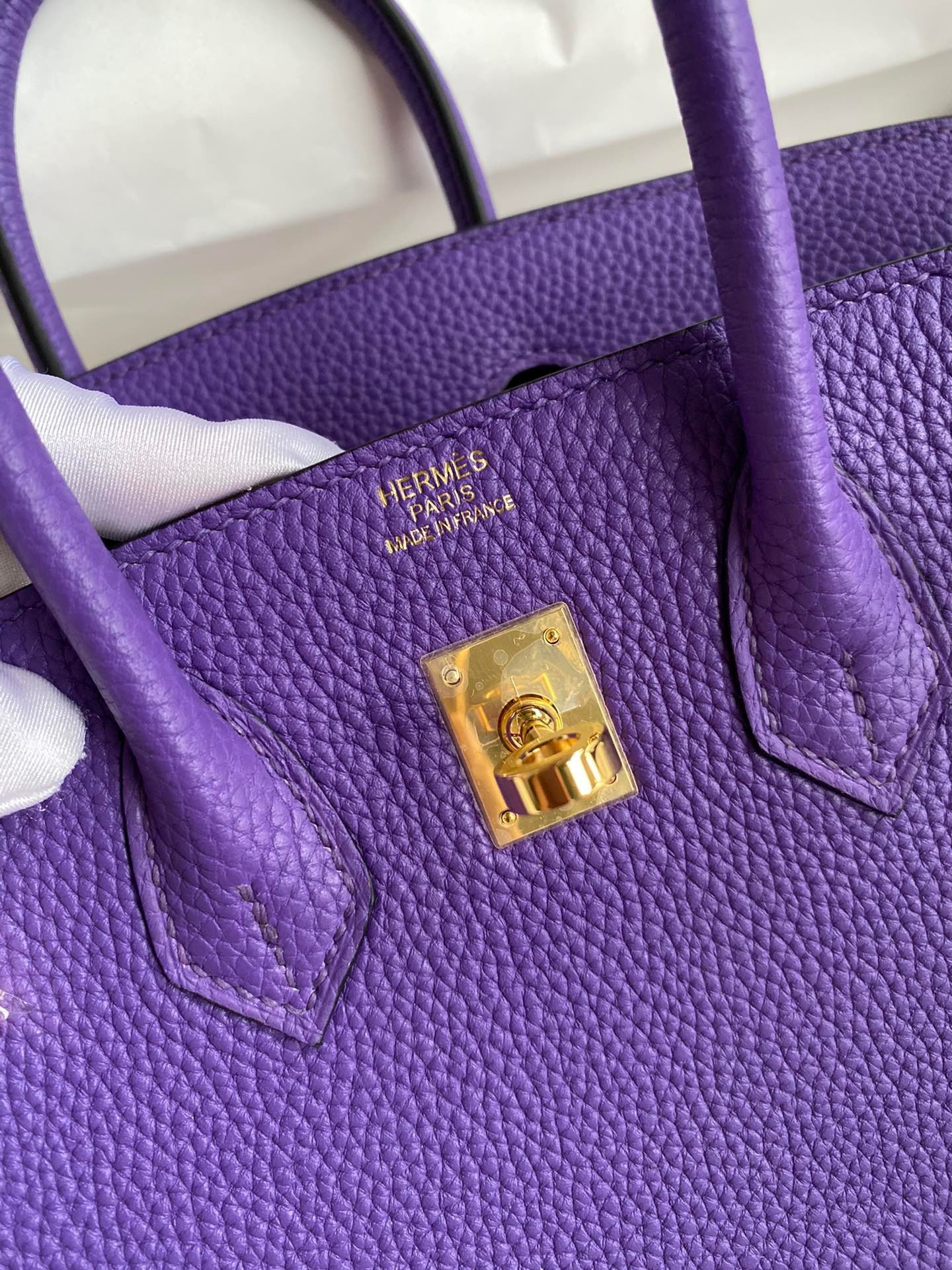 H**mes birkin 25 retourne handmade bag in violet clemence leather