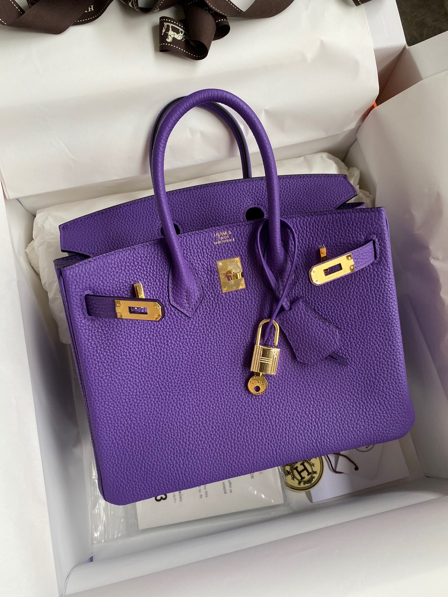 H**mes birkin 25 retourne handmade bag in violet clemence leather
