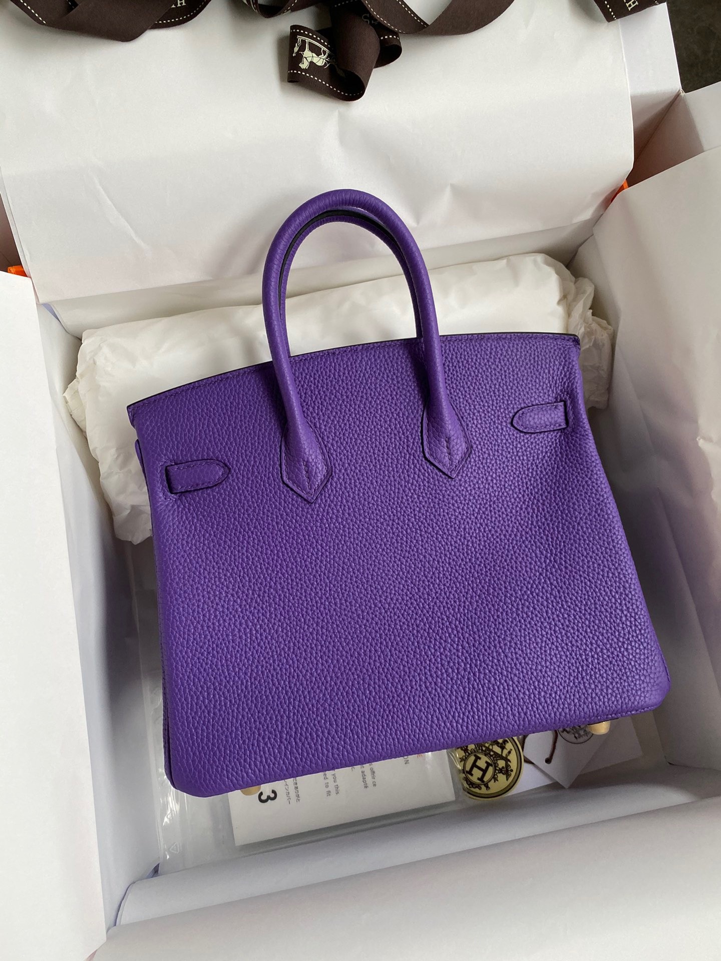 H**mes birkin 25 retourne handmade bag in violet clemence leather