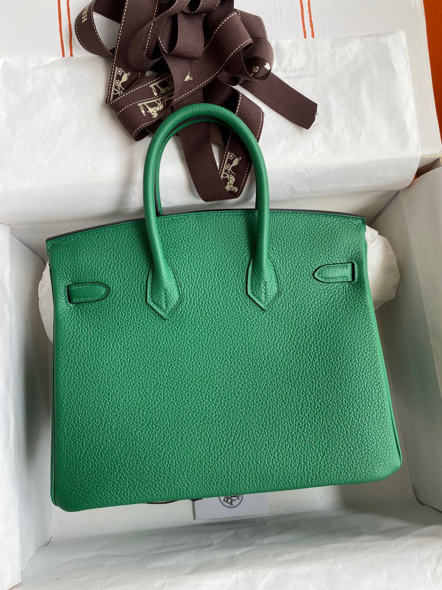 H**mes birkin 25 retourne handmade bag in vert vertigo clemence leather
