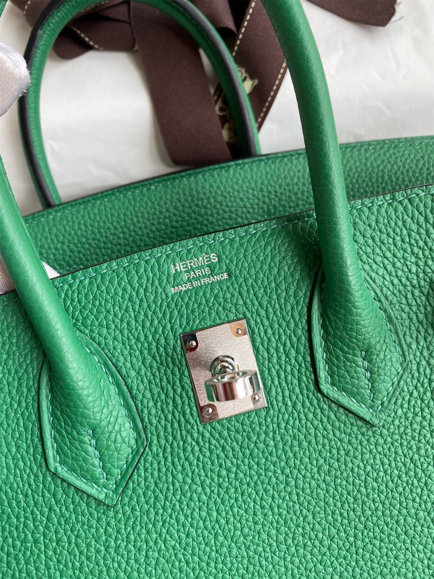 H**mes birkin 25 retourne handmade bag in vert vertigo clemence leather