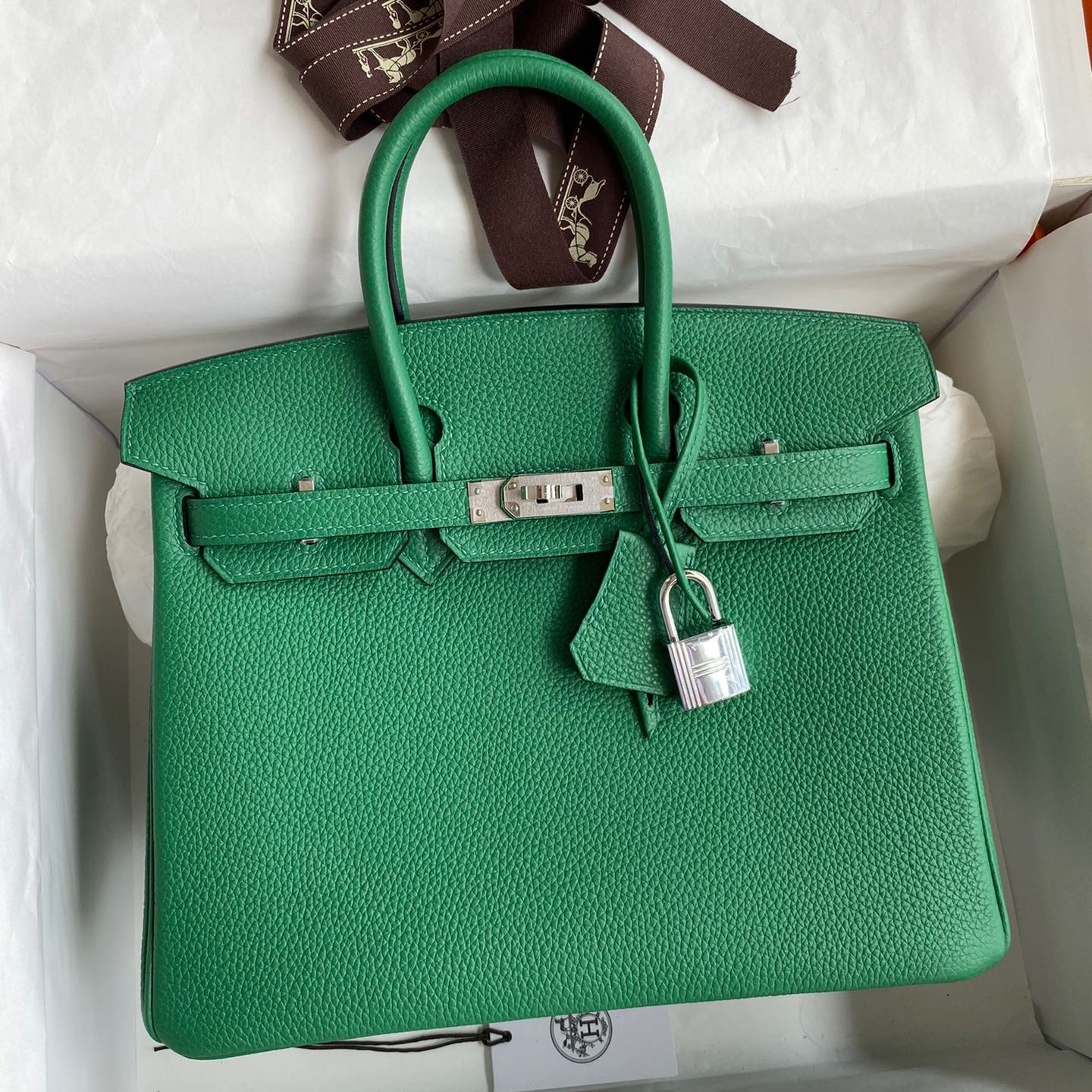 H**mes birkin 25 retourne handmade bag in vert vertigo clemence leather