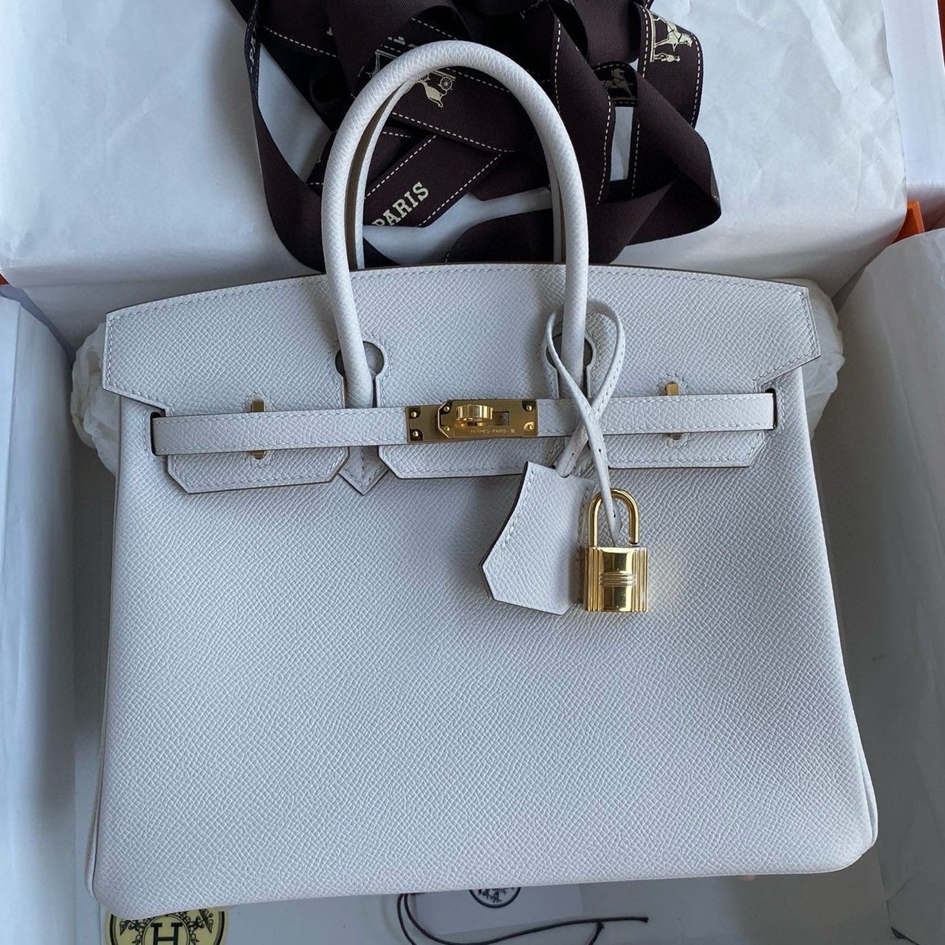 H**mes birkin 25 retourne handmade bag in gris pale epsom calfskin