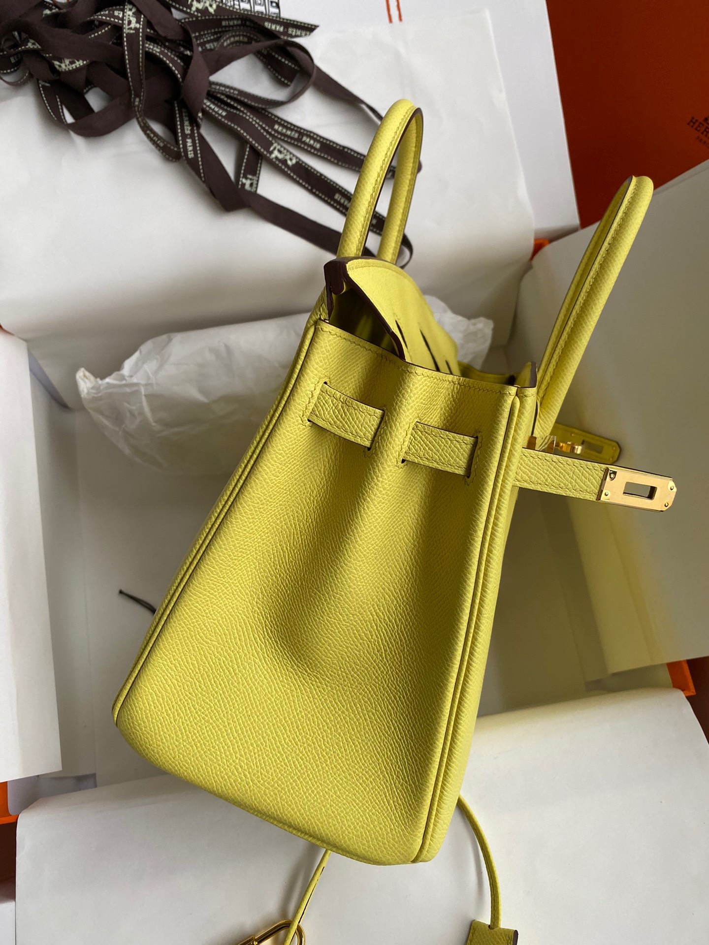 H**mes birkin 25 retourne handmade bag in lime epsom calfskin