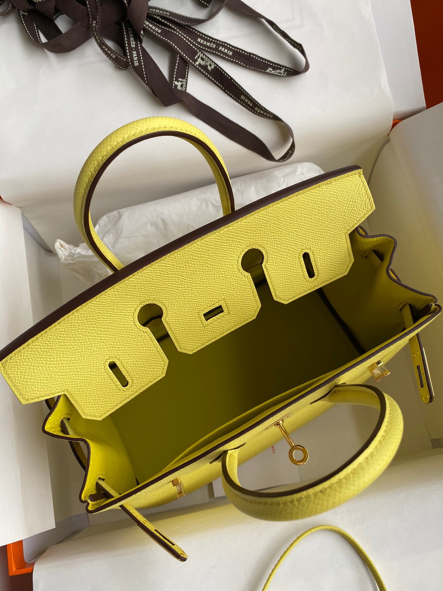 H**mes birkin 25 retourne handmade bag in lime epsom calfskin