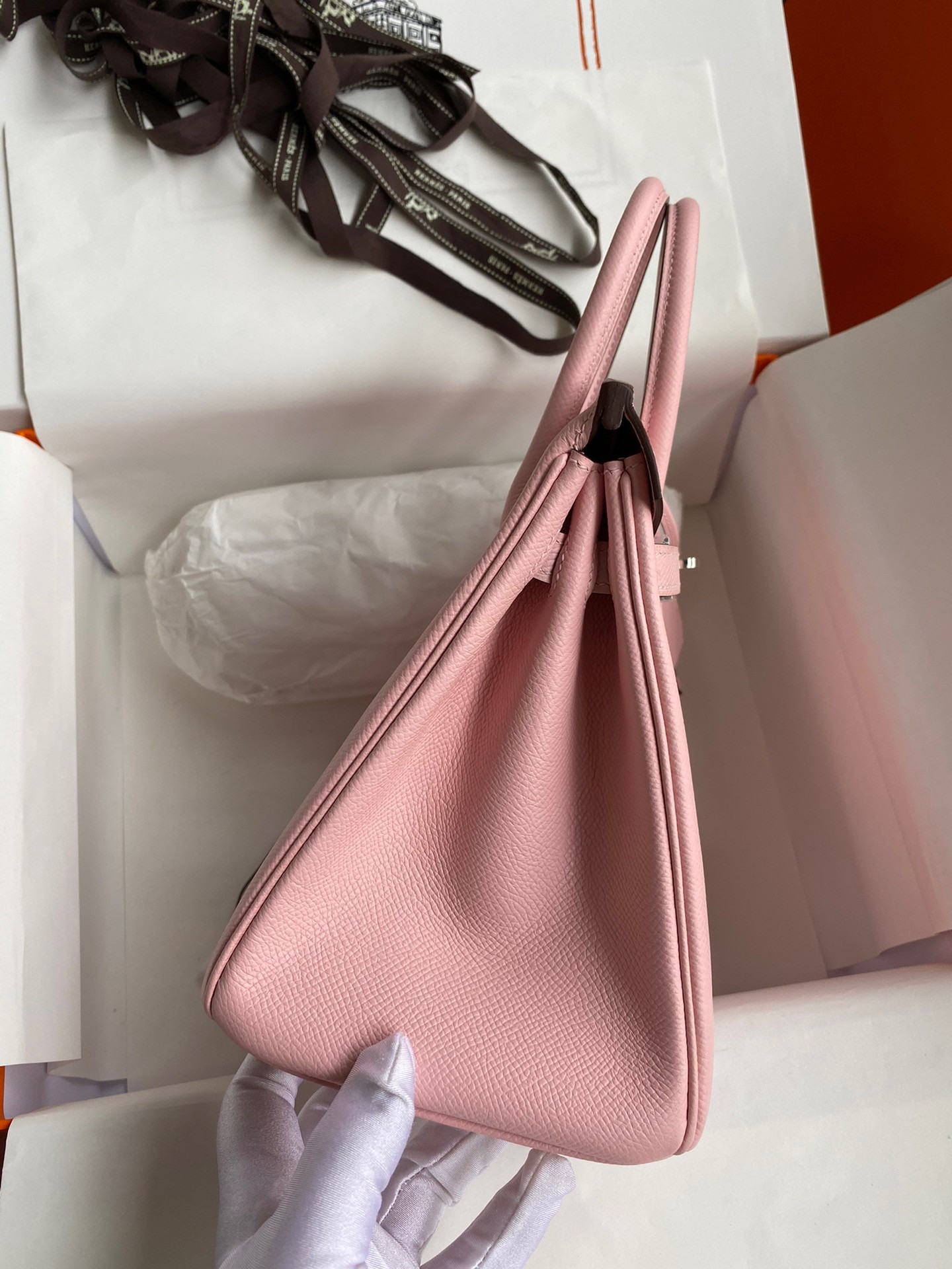 H**mes birkin 25 retourne handmade bag in rose sakura epsom calfskin