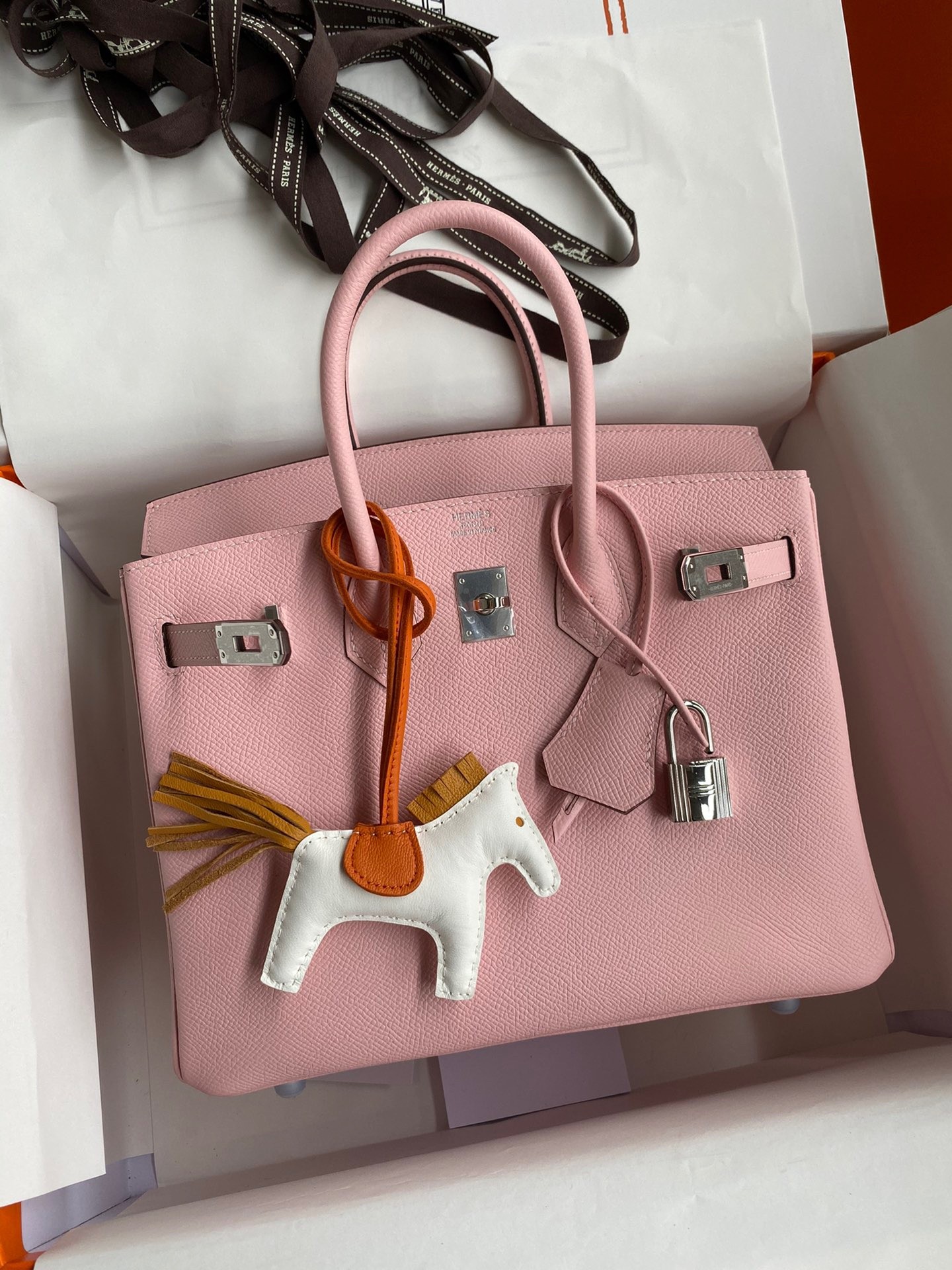H**mes birkin 25 retourne handmade bag in rose sakura epsom calfskin