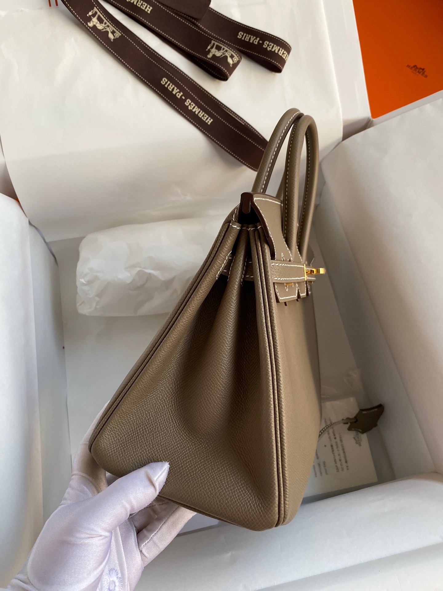 H**mes birkin 25 retourne handmade bag in taupe epsom calfskin