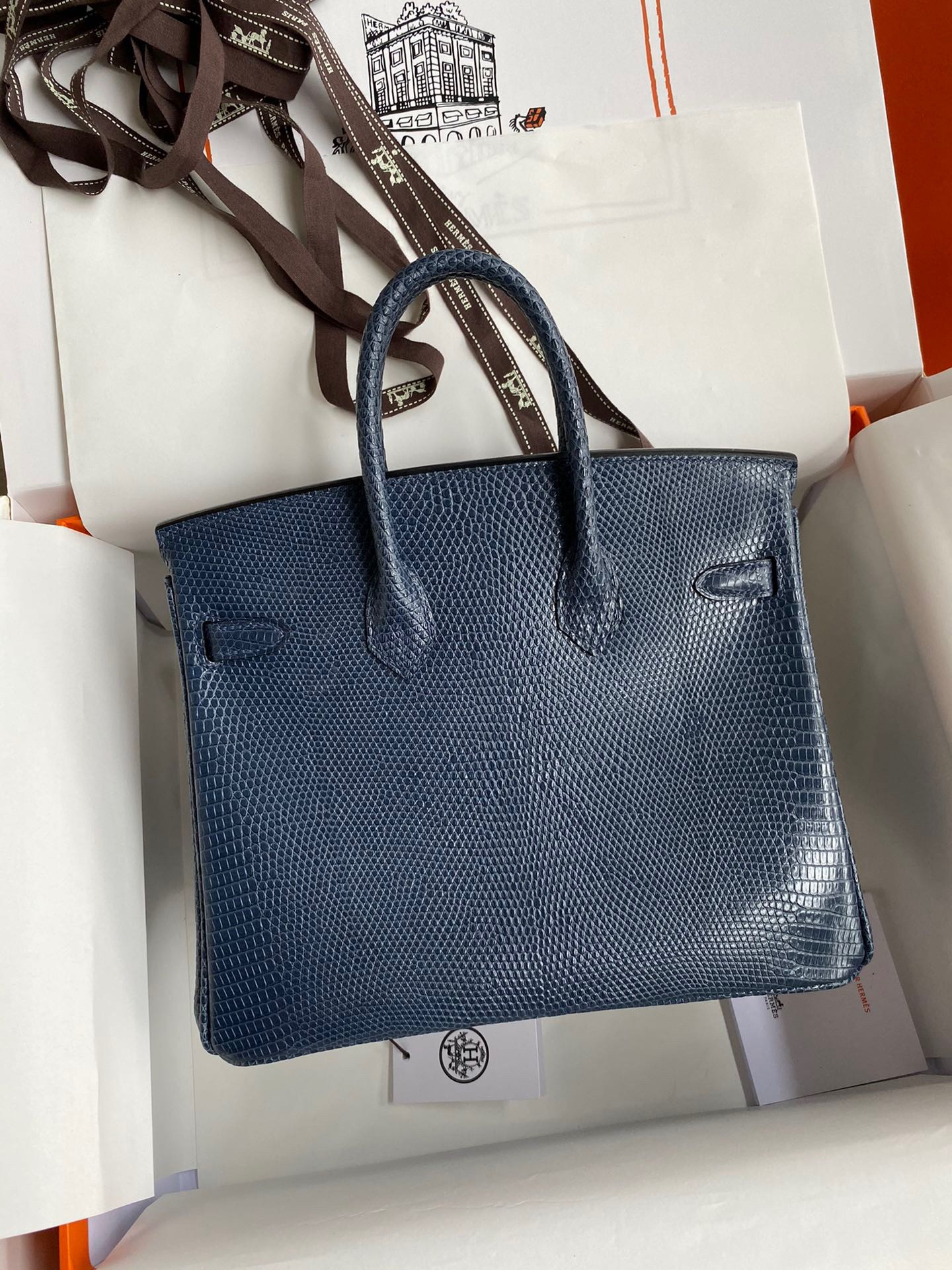 H**mes birkin 25 retourne handmade bag in blue saphir lizard leather