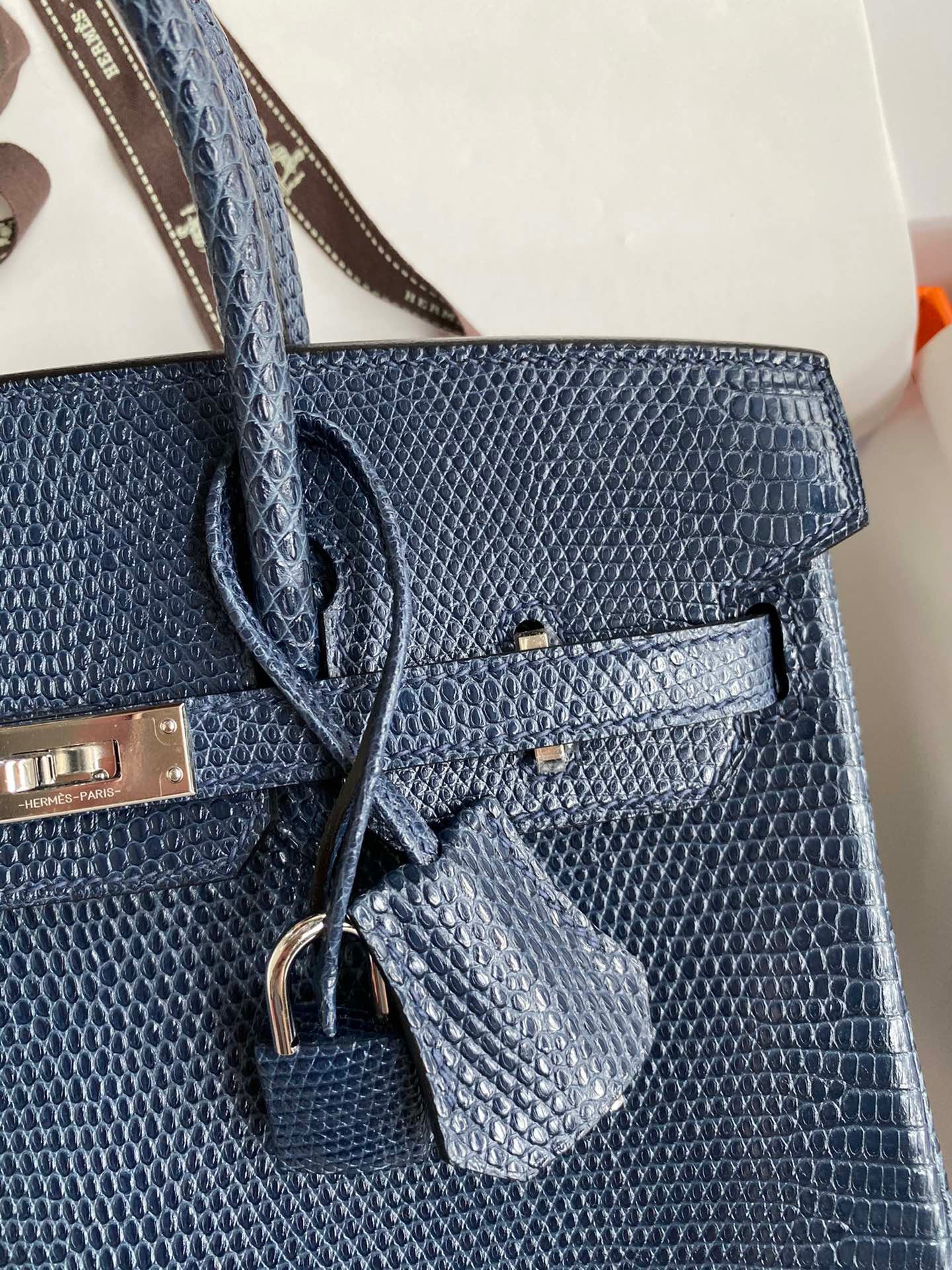 H**mes birkin 25 retourne handmade bag in blue saphir lizard leather