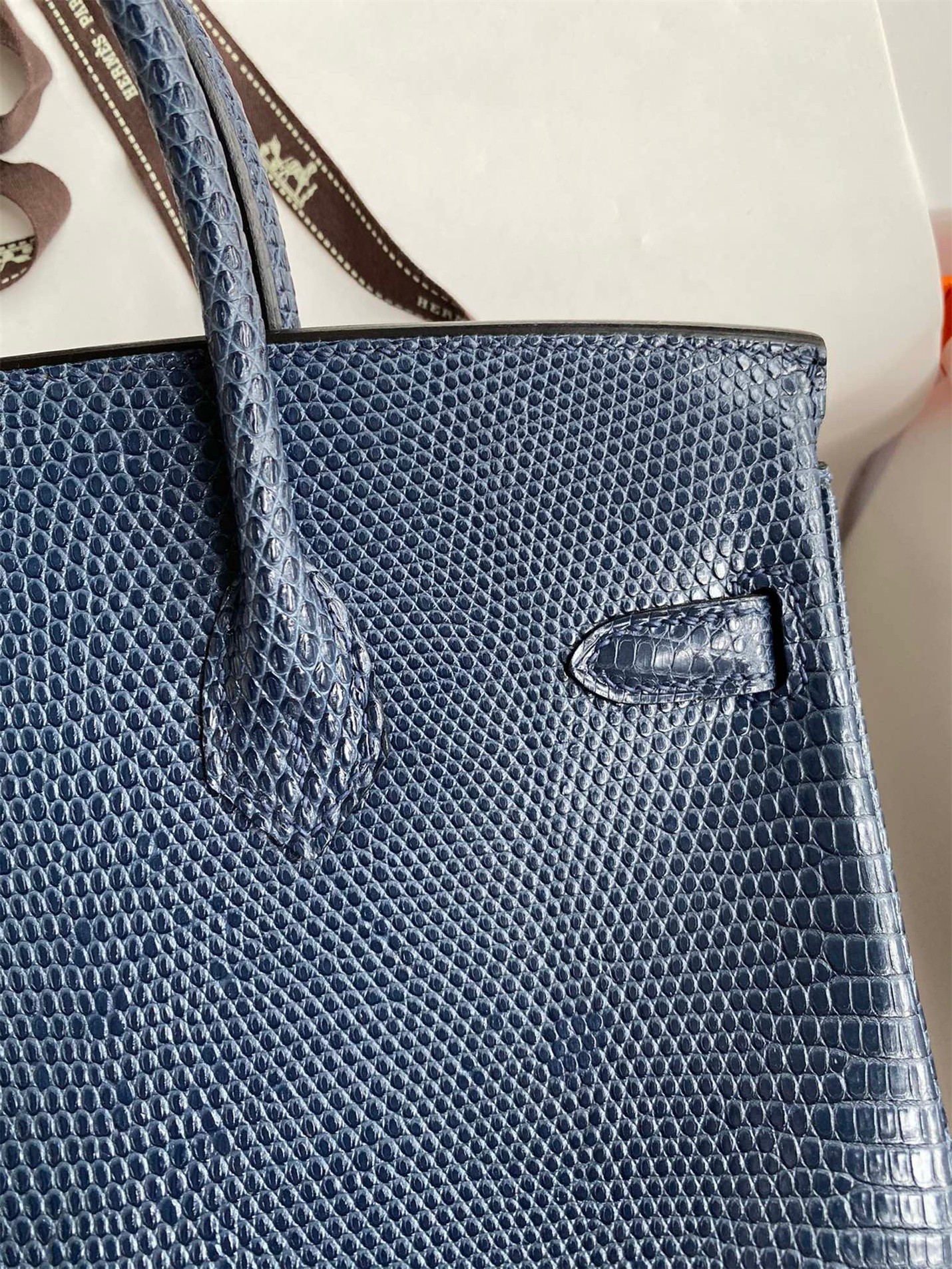 H**mes birkin 25 retourne handmade bag in blue saphir lizard leather
