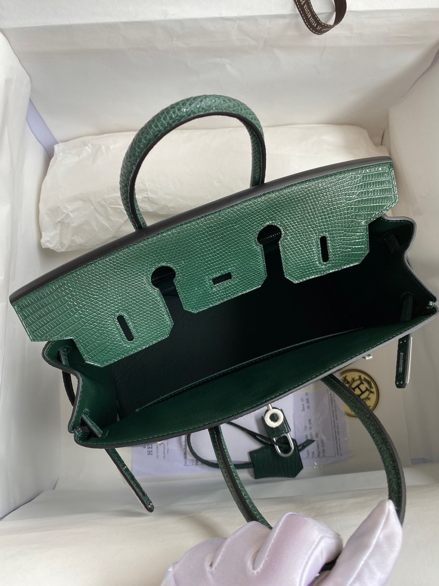 H**mes birkin 25 retourne handmade bag in malachite lizard leather