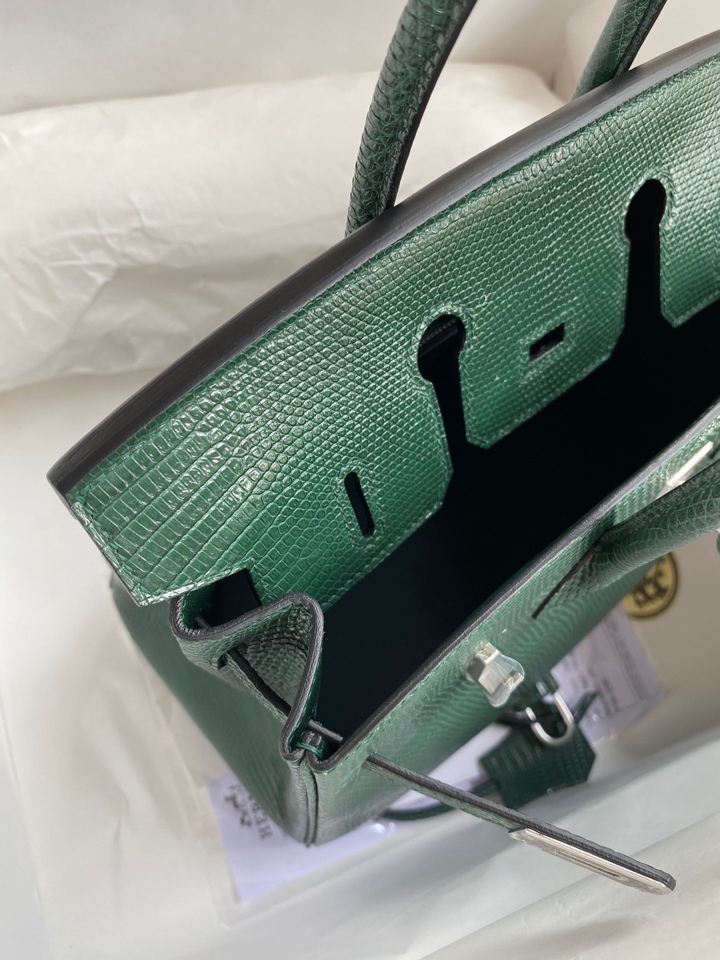 H**mes birkin 25 retourne handmade bag in malachite lizard leather