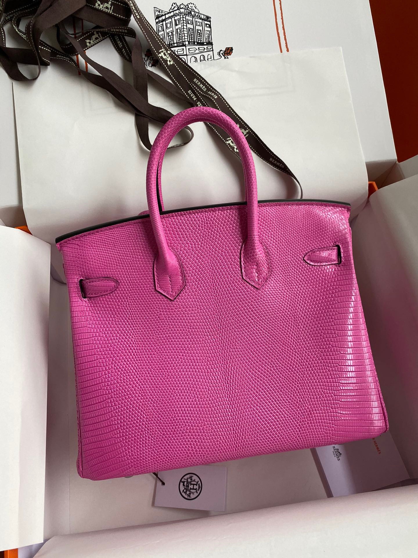 H**mes birkin 25 retourne handmade bag in pink lizard leather