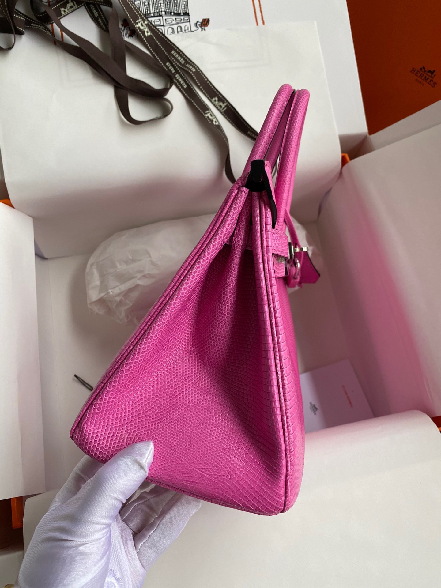 H**mes birkin 25 retourne handmade bag in pink lizard leather