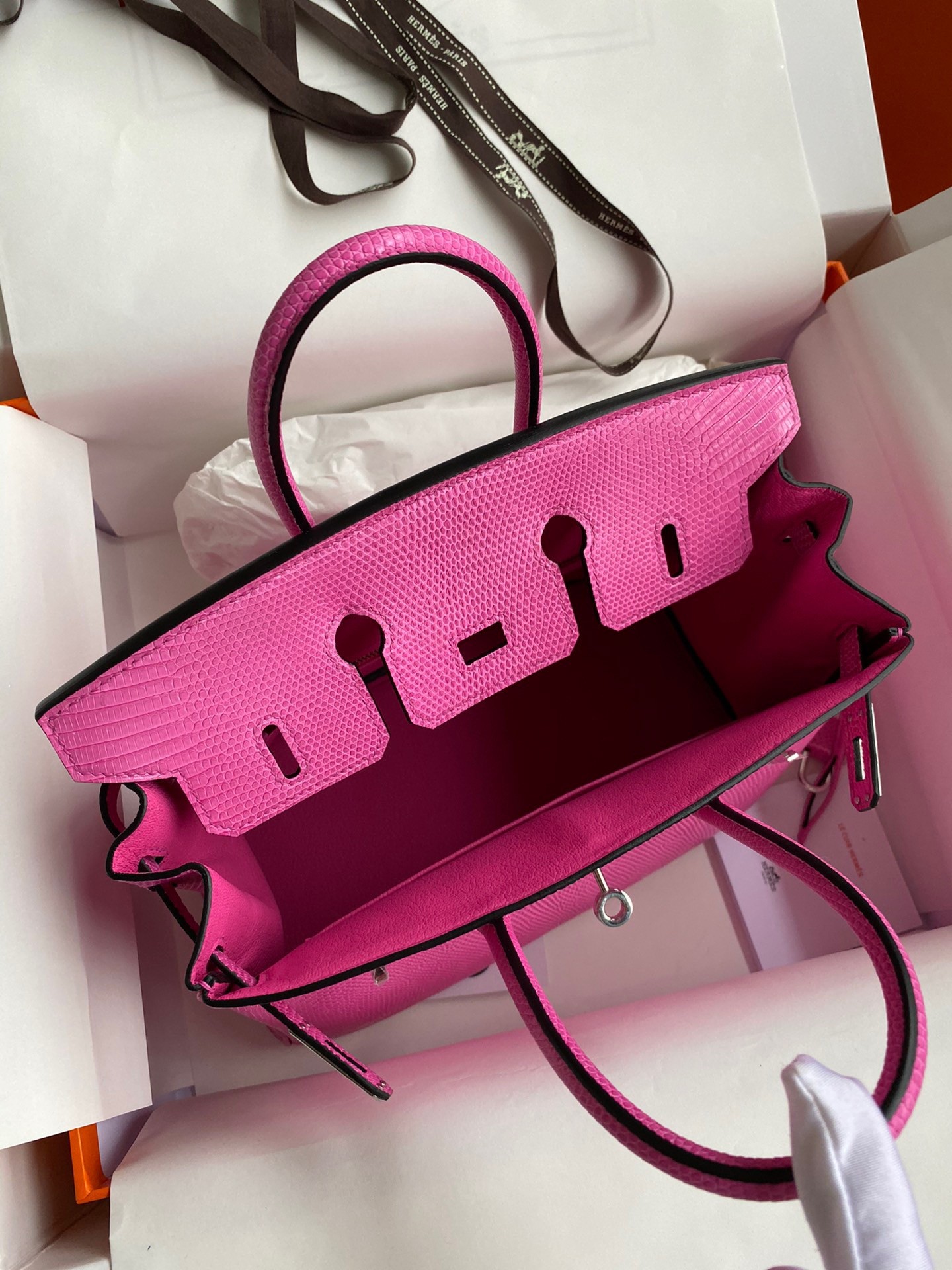 H**mes birkin 25 retourne handmade bag in pink lizard leather