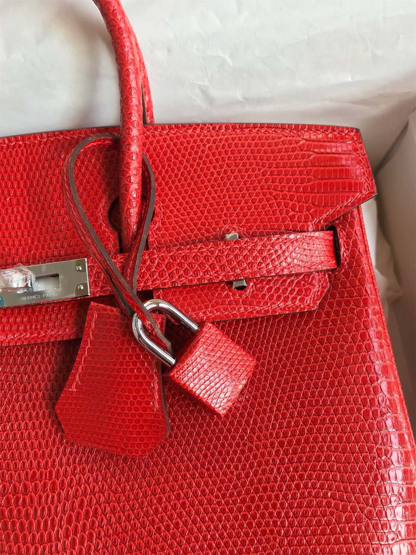 H**mes birkin 25 retourne handmade bag in red lizard leather