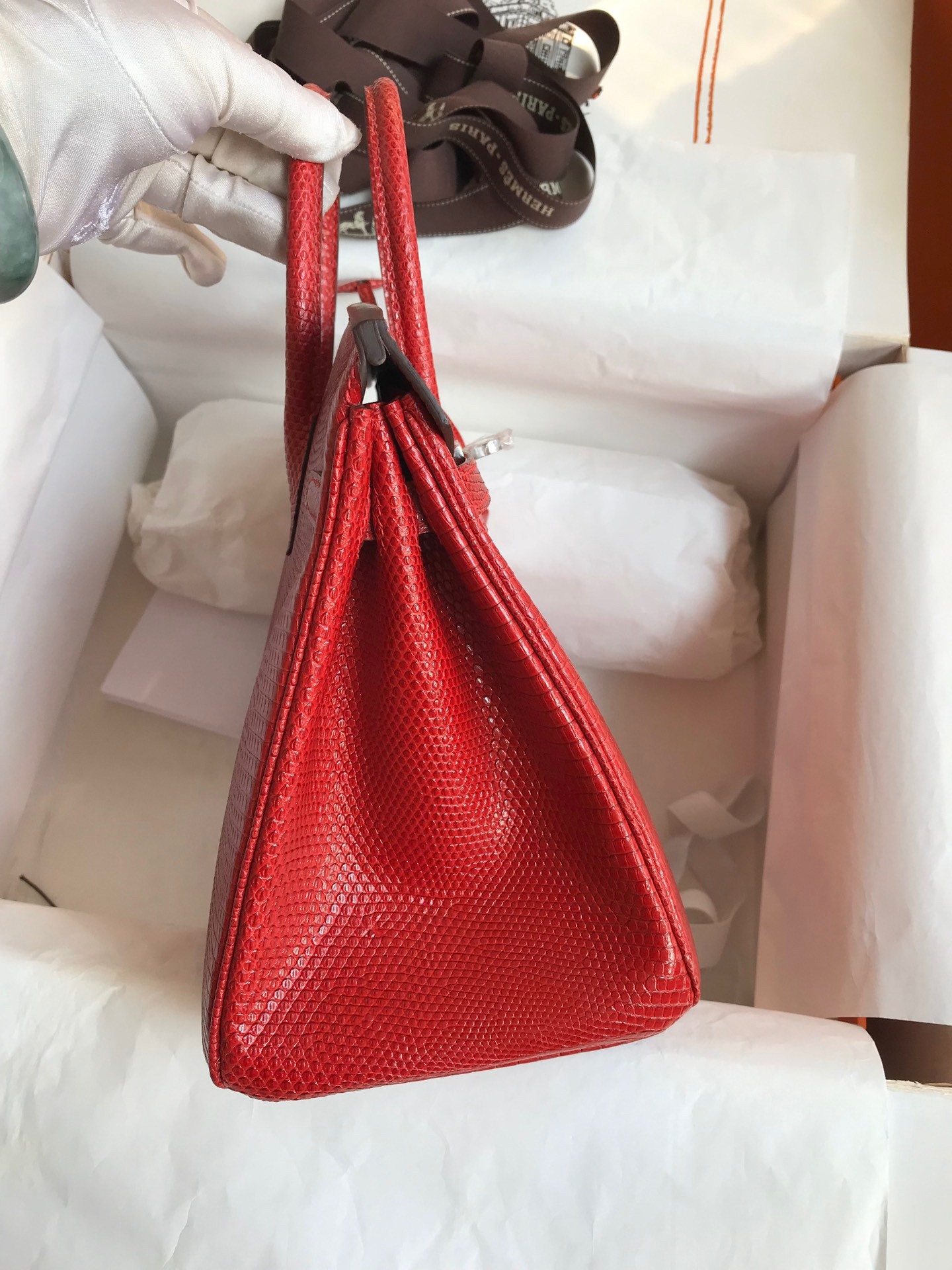 H**mes birkin 25 retourne handmade bag in red lizard leather