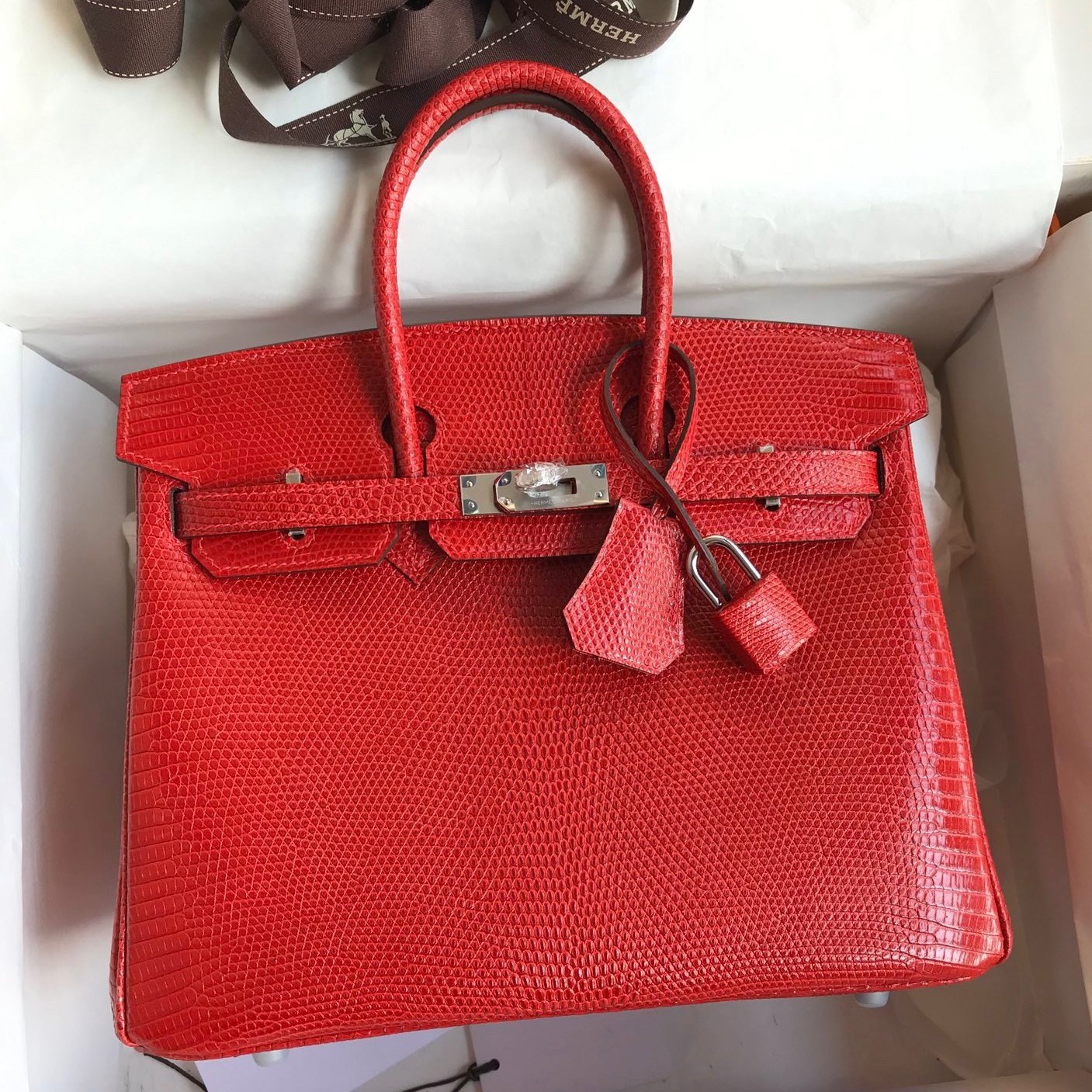 H**mes birkin 25 retourne handmade bag in red lizard leather