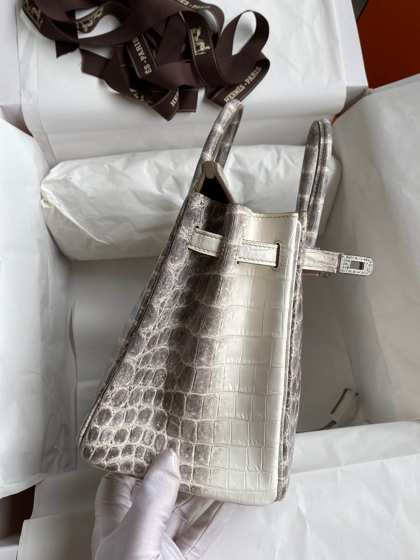 H**mes birkin 25 diamond bag in himalaya niloticus crocodile skin