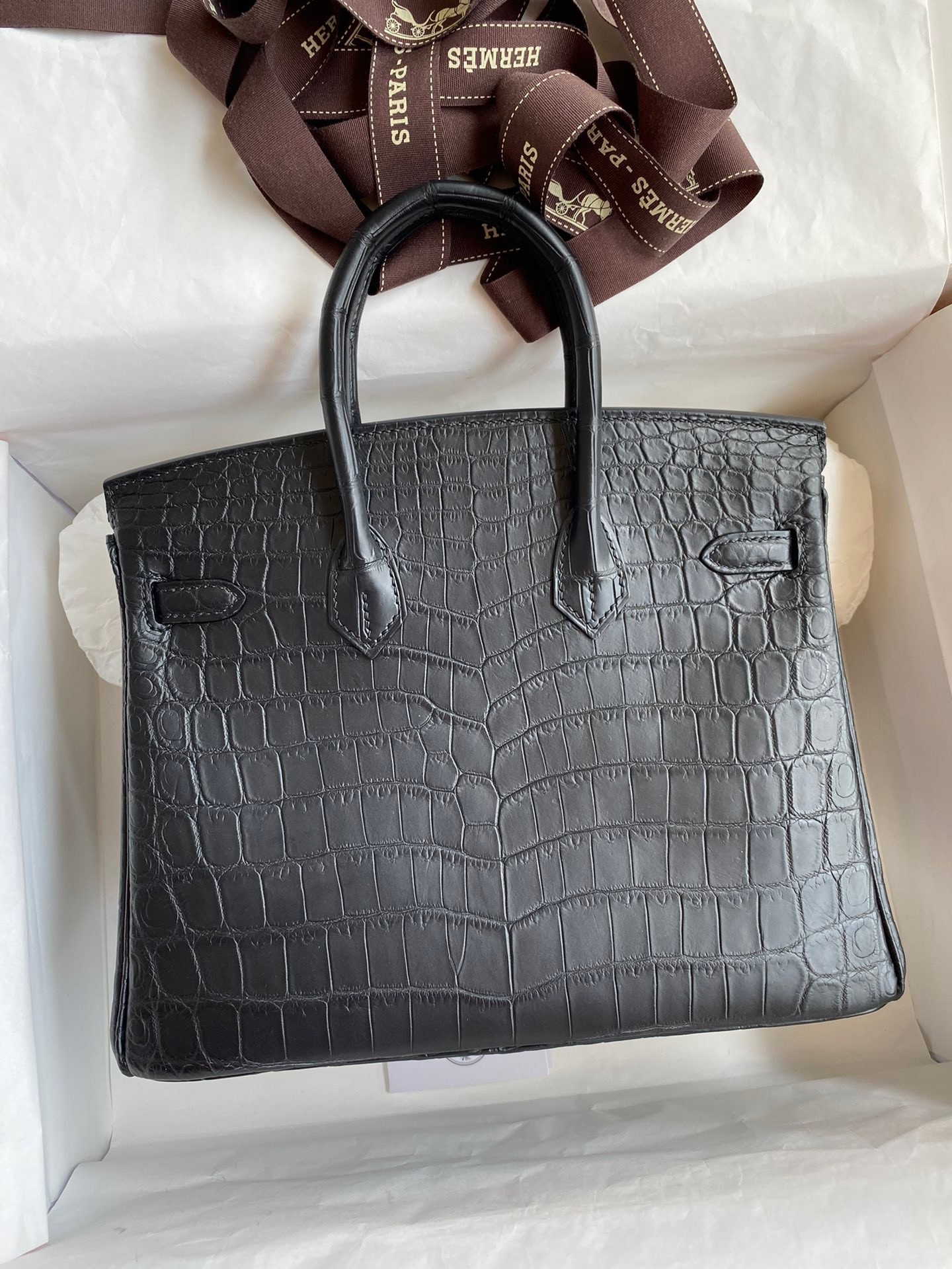 H**mes birkin 25 handmade bag in black crocodile niloticus matte skin