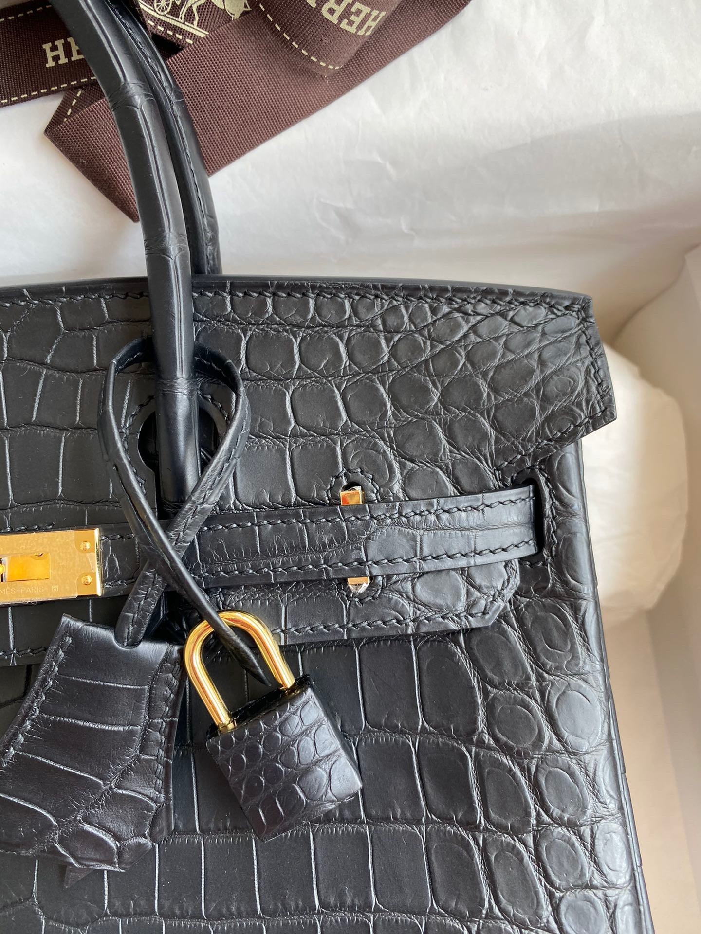 H**mes birkin 25 handmade bag in black crocodile niloticus matte skin