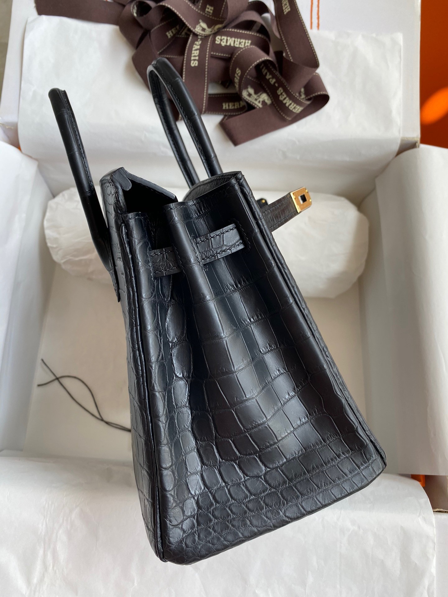H**mes birkin 25 handmade bag in black crocodile niloticus matte skin