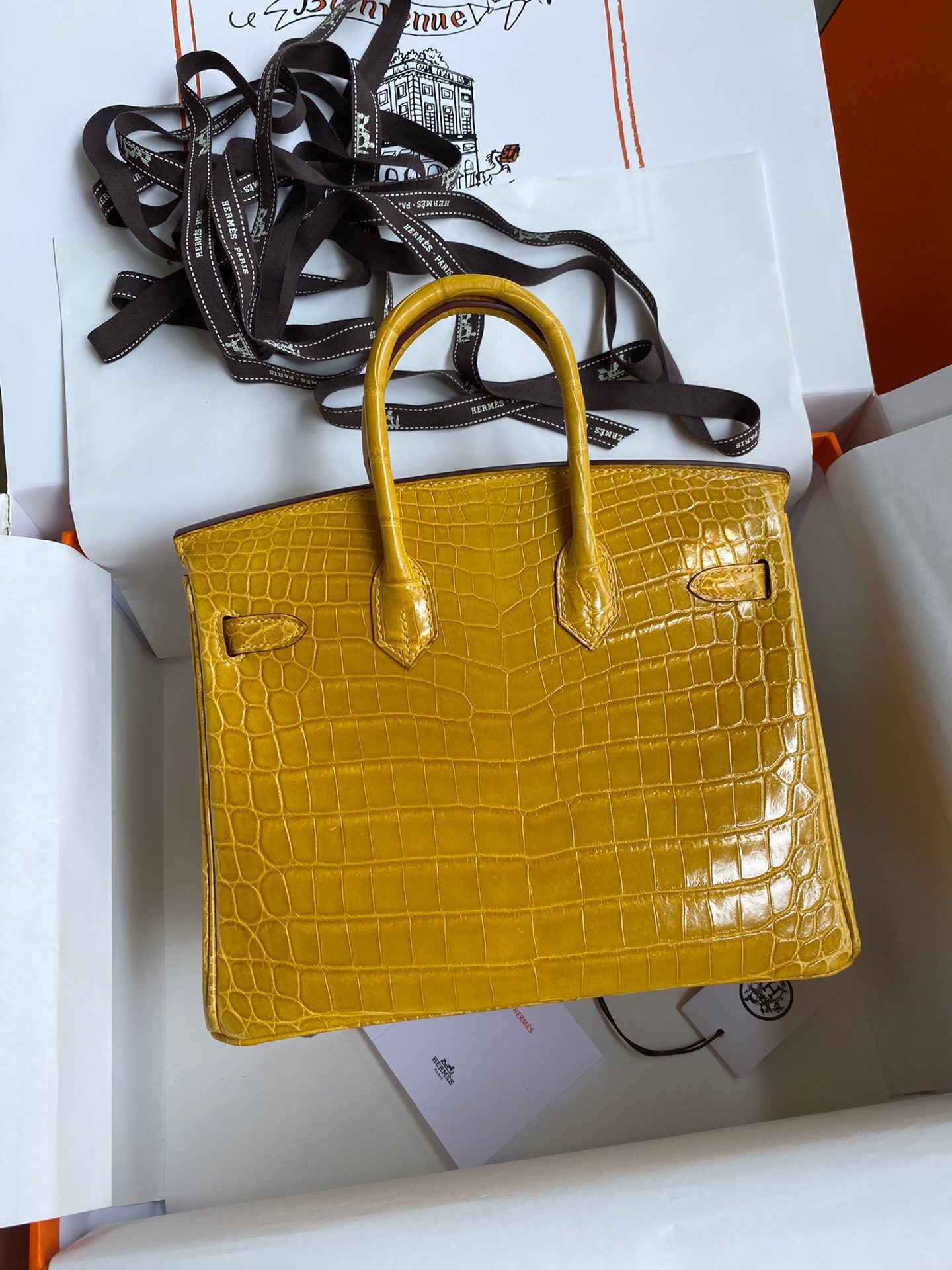 H**mes birkin 25 handmade bag in yellow crocodile niloticus shiny skin