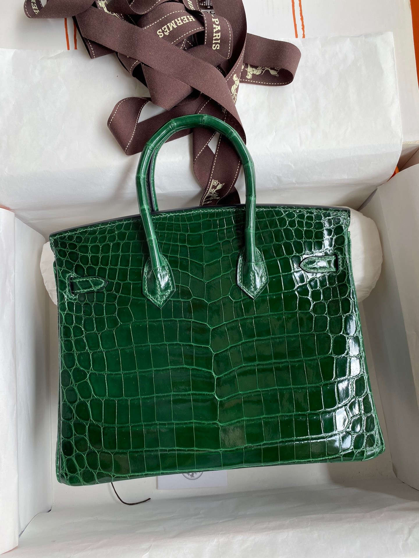 H**mes birkin 25 handmade bag in malachite crocodile niloticus shiny skin