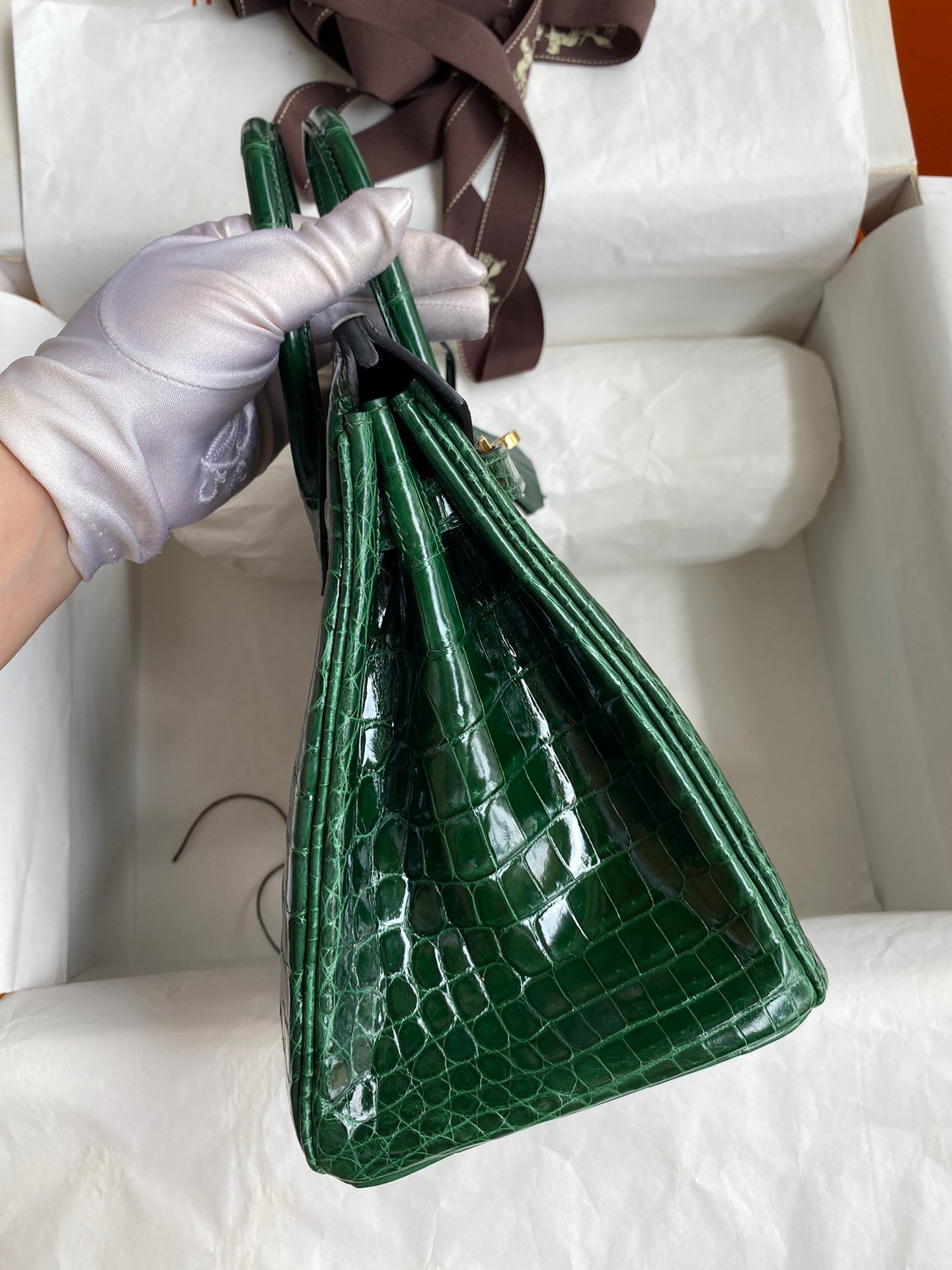 H**mes birkin 25 handmade bag in malachite crocodile niloticus shiny skin