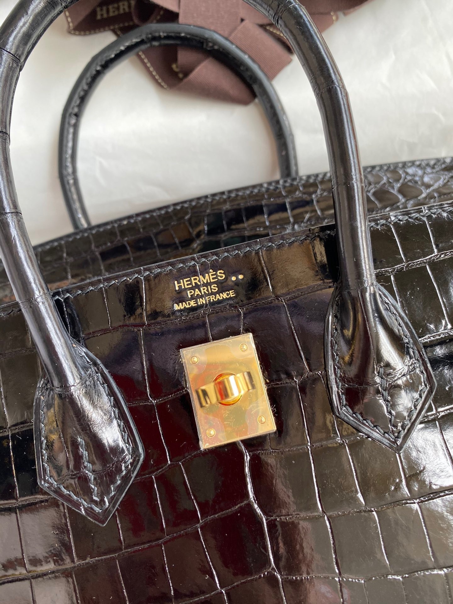 H**mes birkin 25 handmade bag in black crocodile niloticus shiny skin