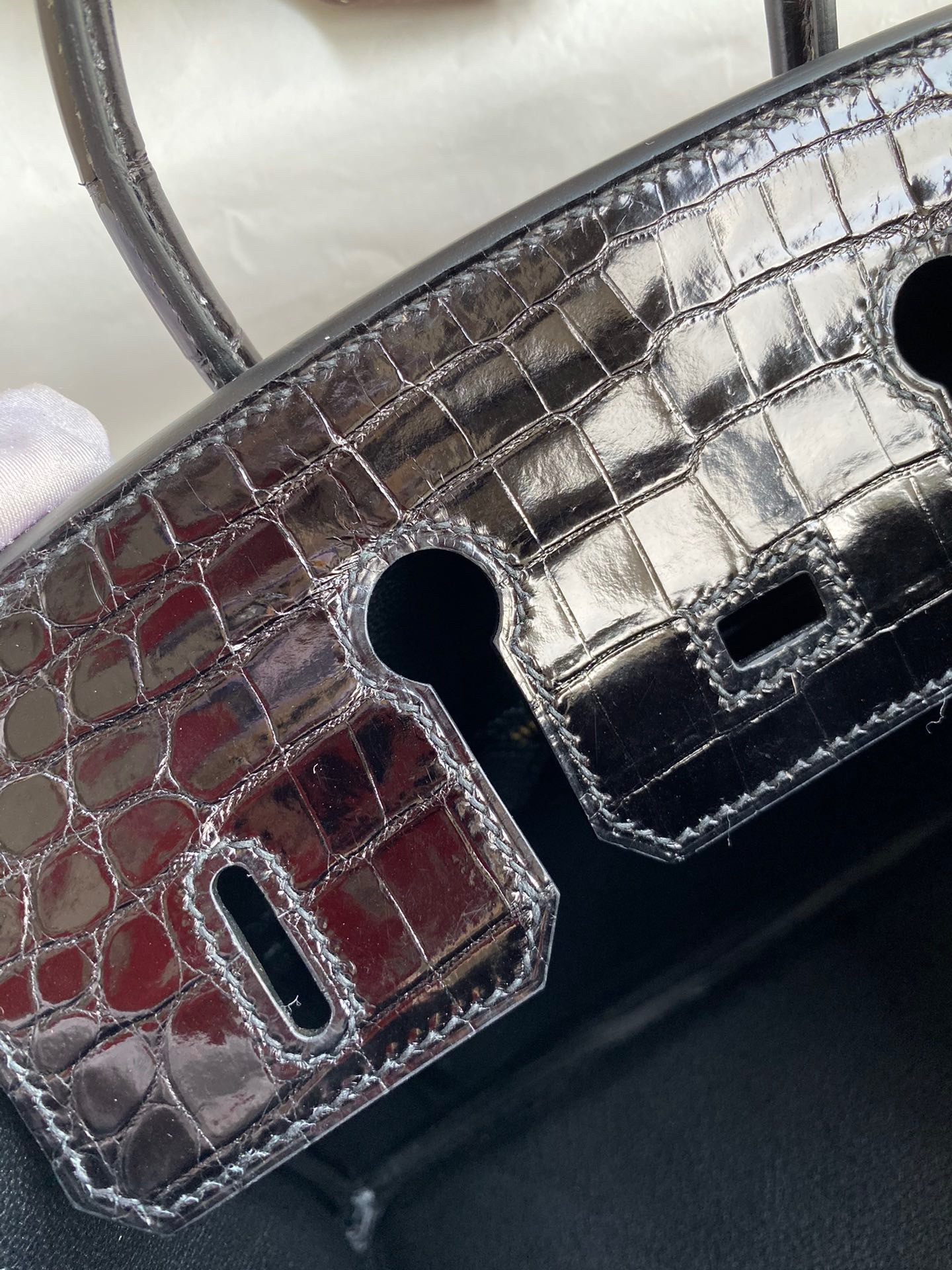 H**mes birkin 25 handmade bag in black crocodile niloticus shiny skin