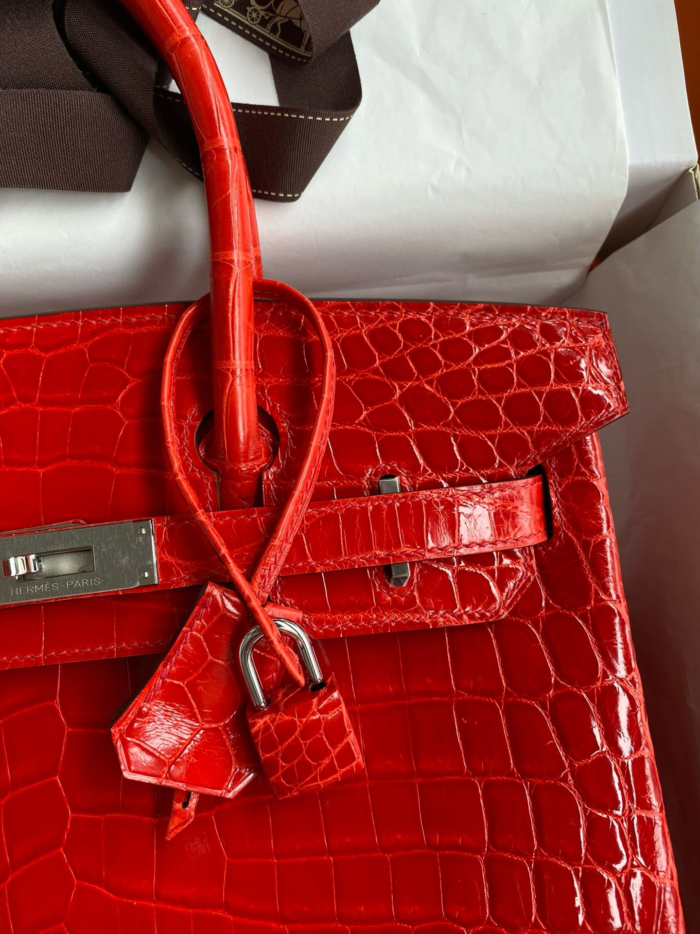 H**mes birkin 25 handmade bag in red crocodile niloticus shiny skin