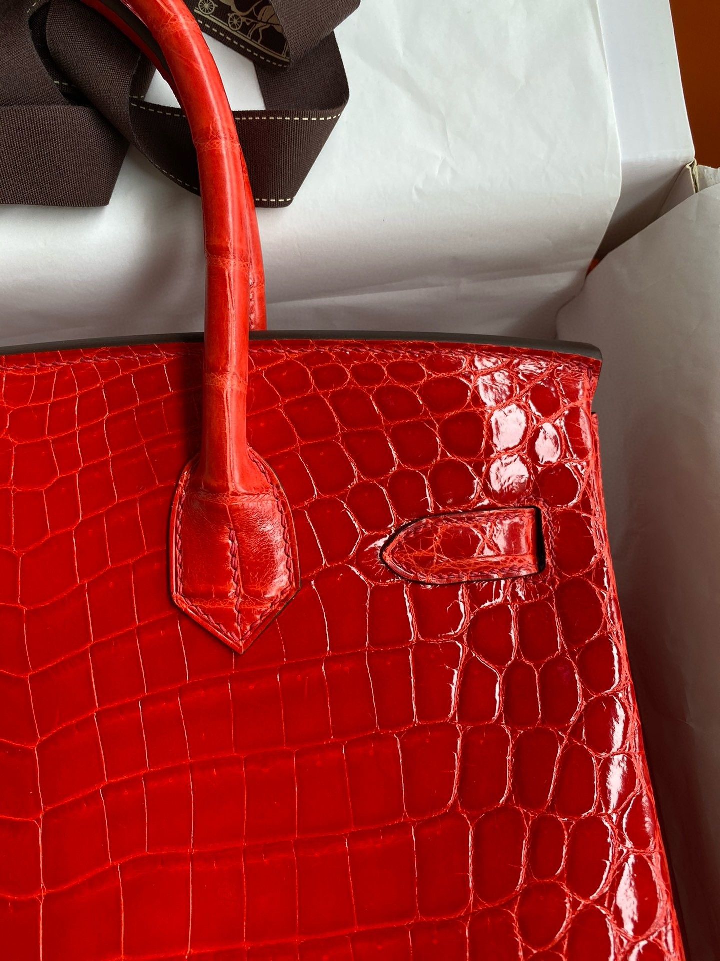 H**mes birkin 25 handmade bag in red crocodile niloticus shiny skin