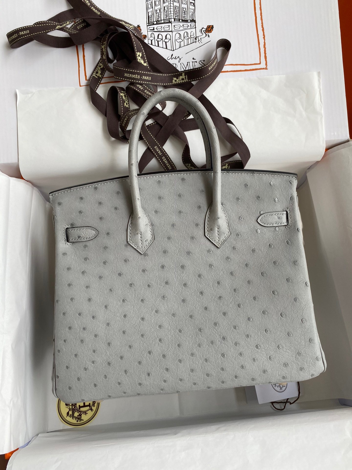 H**mes birkin 25 retourne handmade bag in blue glacier ostrich leather