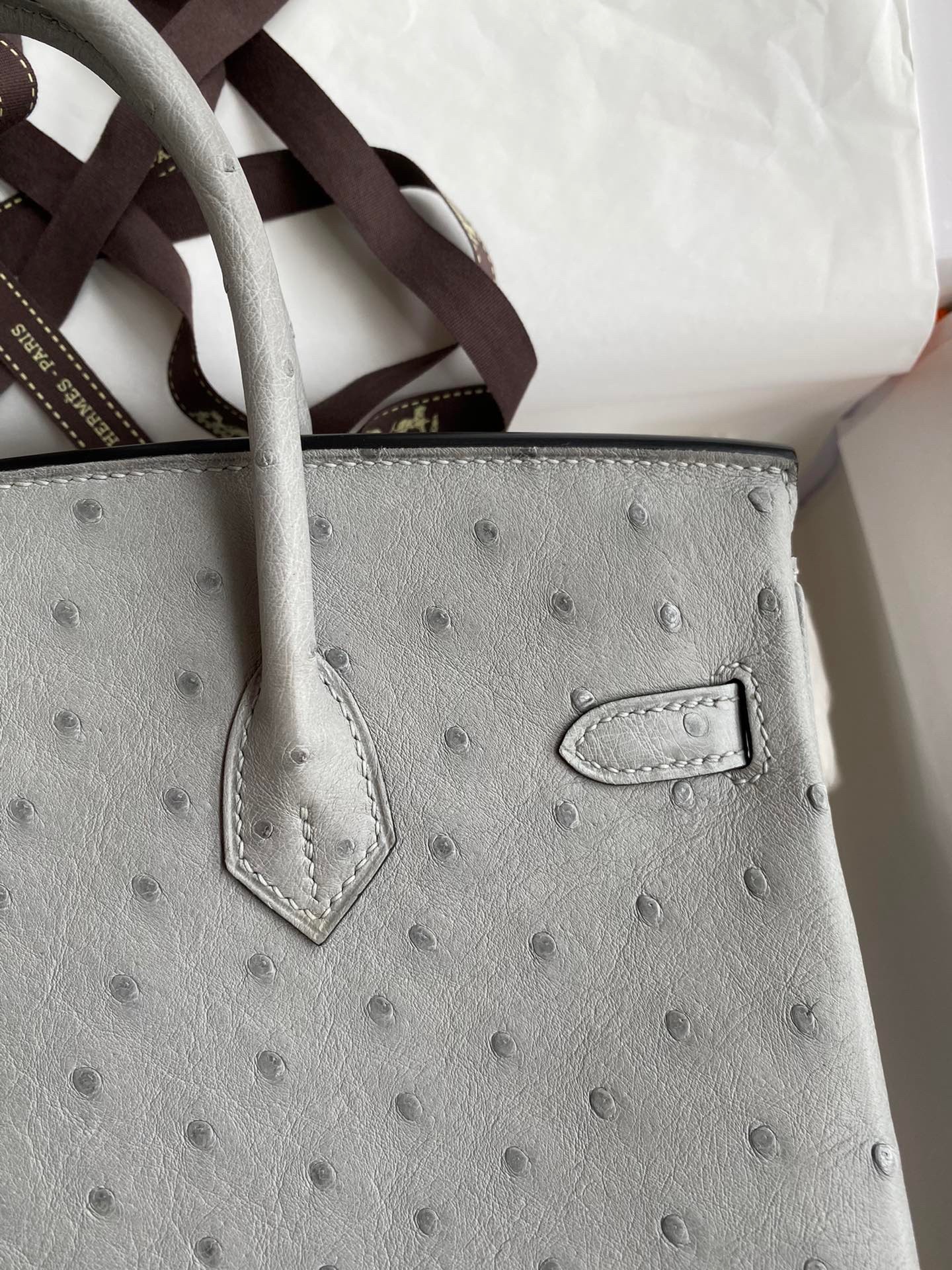 H**mes birkin 25 retourne handmade bag in blue glacier ostrich leather