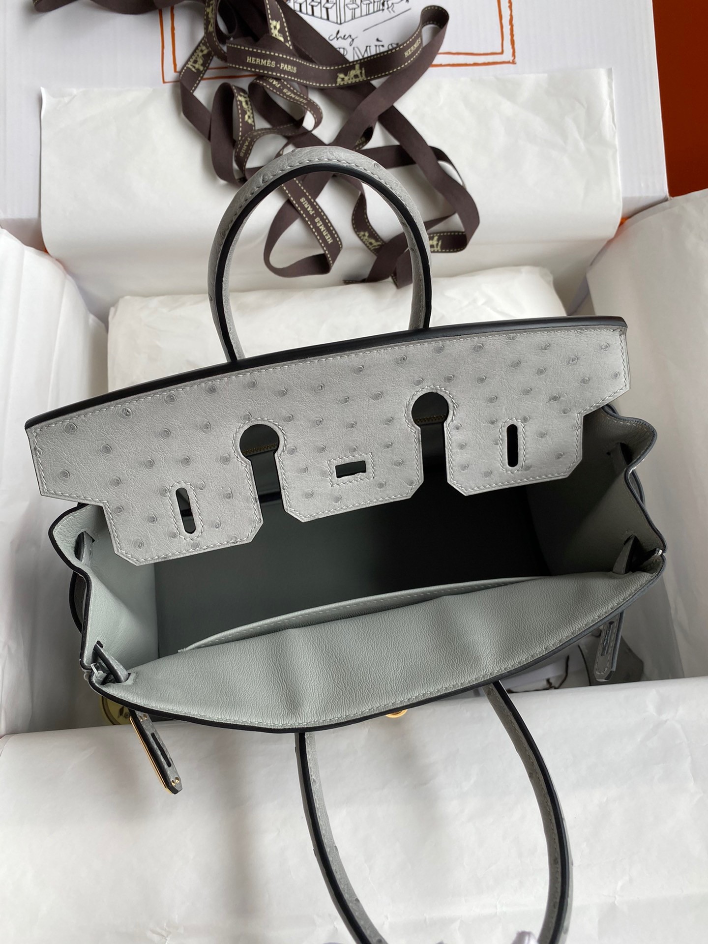 H**mes birkin 25 retourne handmade bag in blue glacier ostrich leather