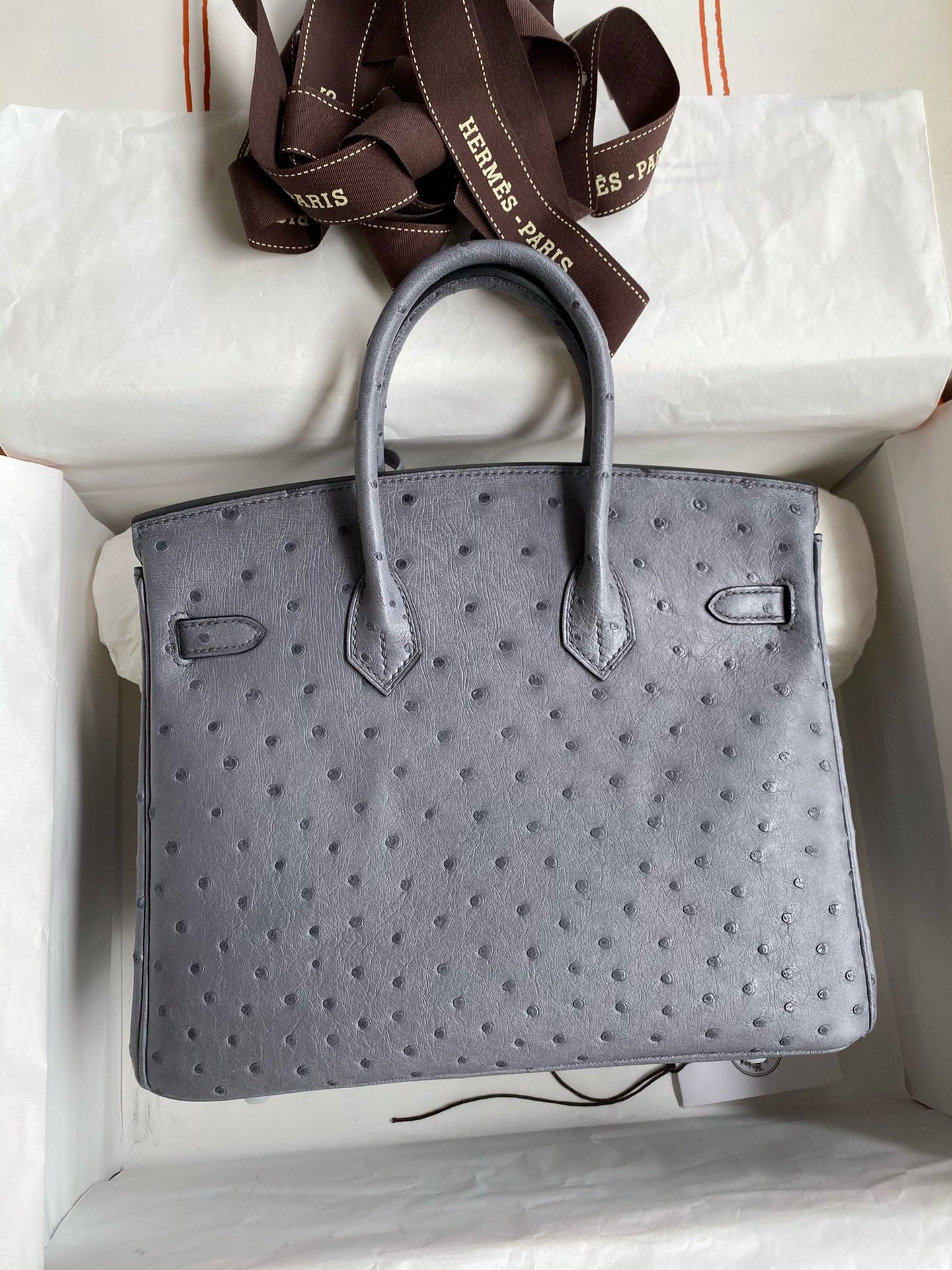 H**mes birkin 25 retourne handmade bag in gris agate ostrich leather